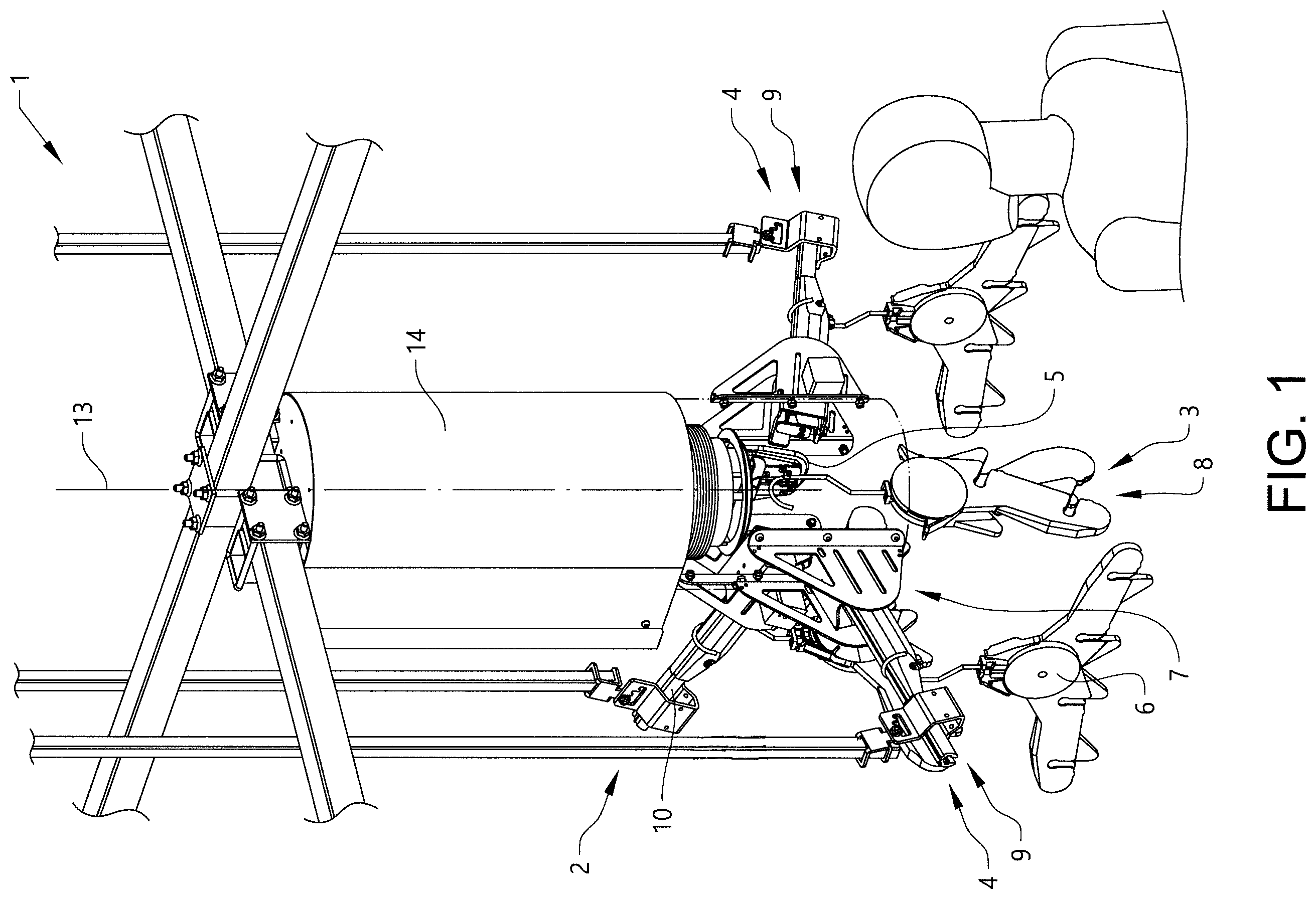 Patent US12376694 Figure 1 – Garment handling device, conveyor system, and method for positioning an empty garment hanger in an individual mounting position