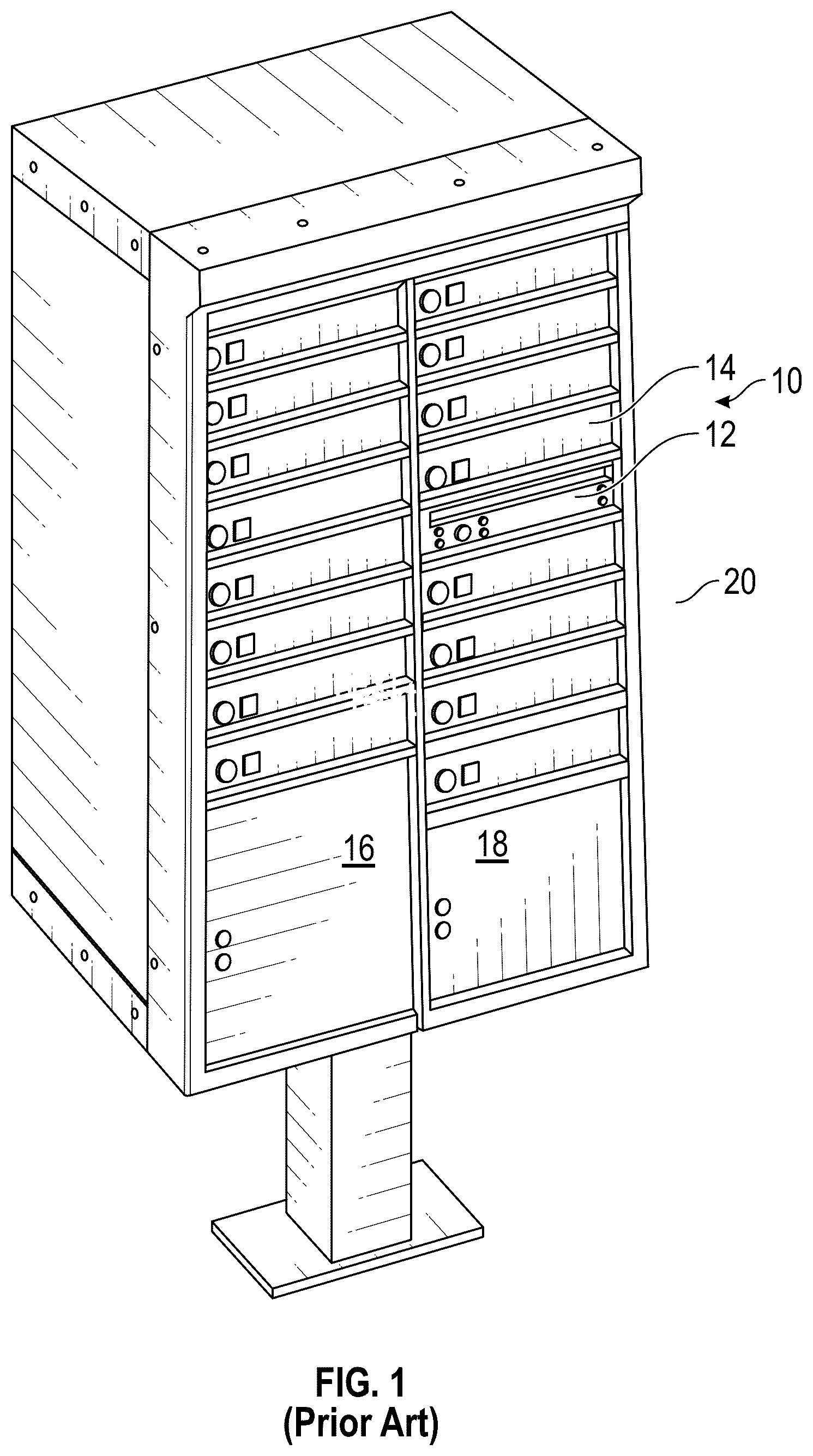 Patent US12376696 Figure 1 – Locking apparatus for community mailbox