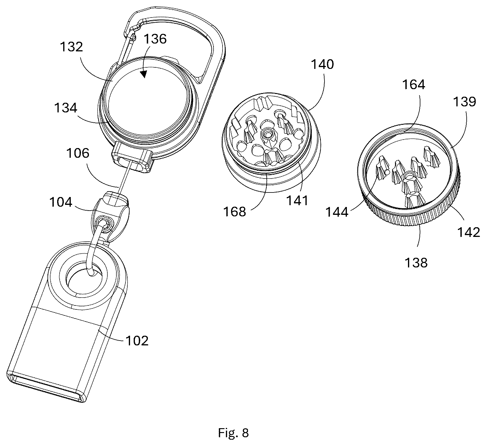 Patent US12376704 Figure 7 – Multifunctional portable grinder with integrated lighter holder and retractable mechanism