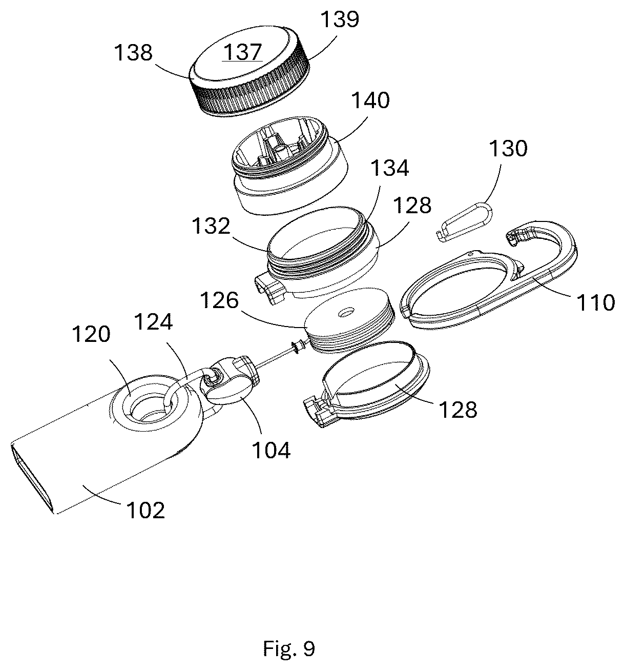 Patent US12376704 Figure 8 – Multifunctional portable grinder with integrated lighter holder and retractable mechanism