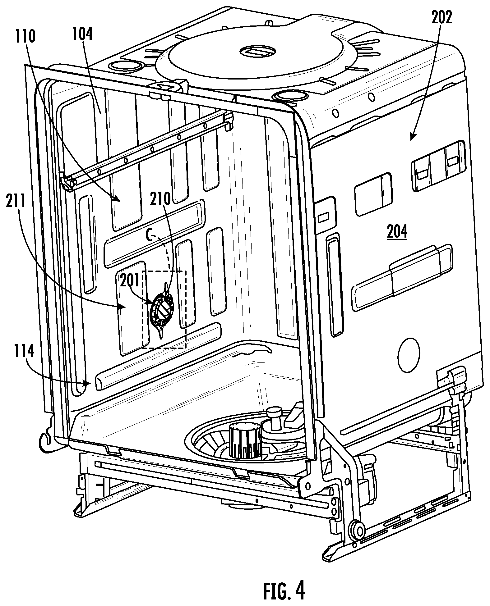 Patent US12376726 Figure 4 – Systems for preventing rotation of fill funnel in dishwashing appliances