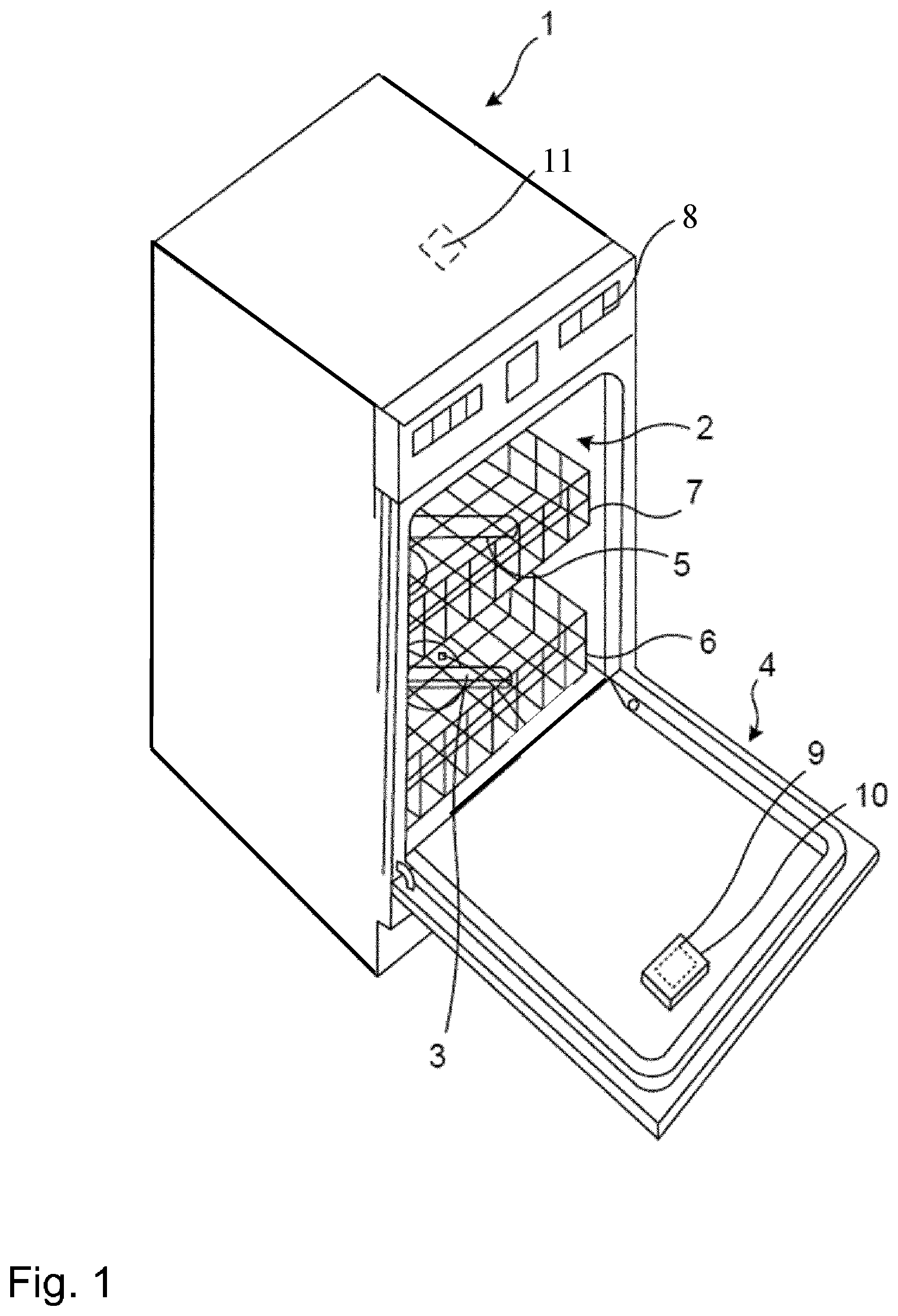 Patent US12376728 Figure 1 – Dishwasher with detergent dispenser