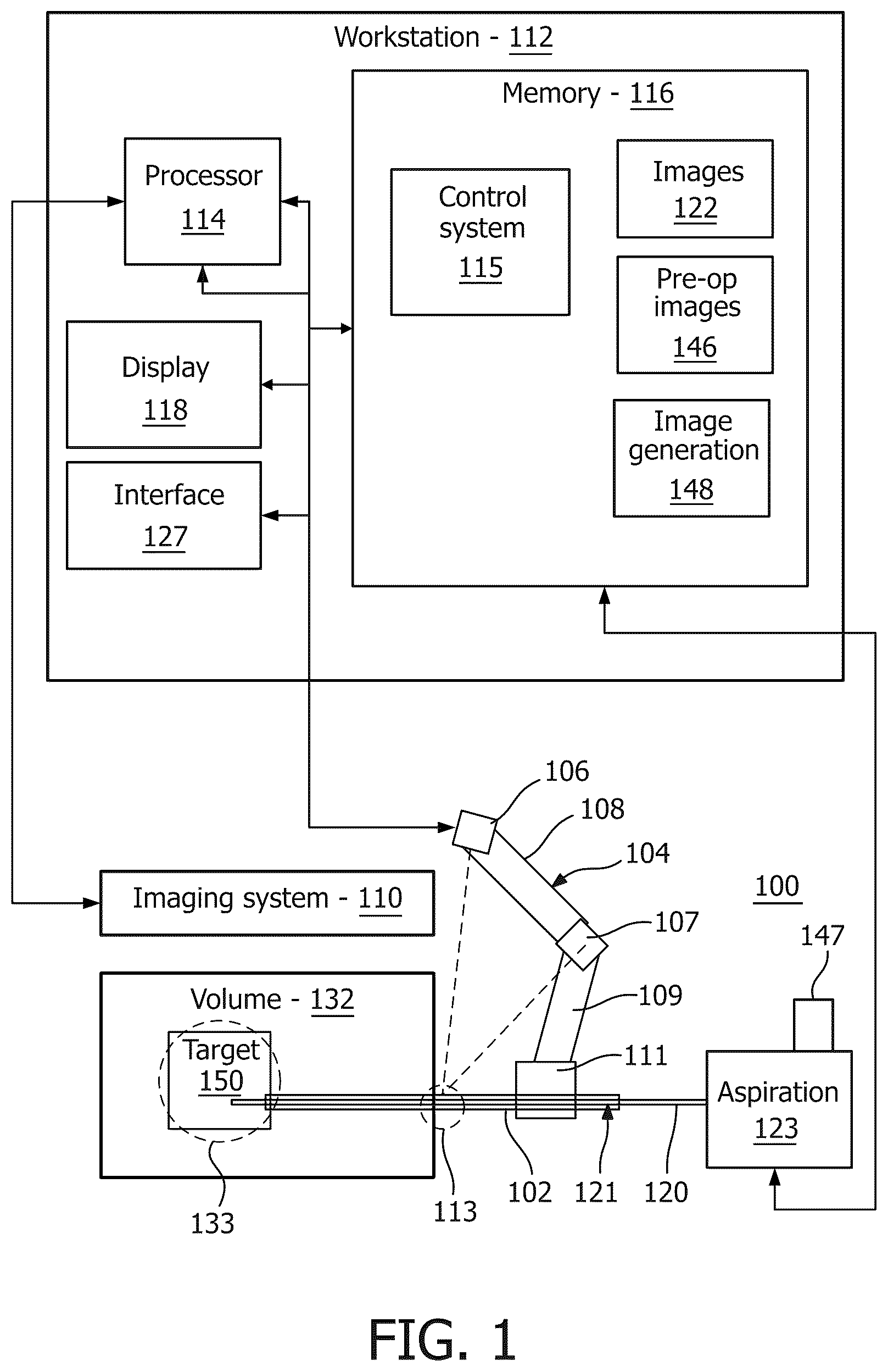 Patent US12376738 Figure 1 – Image guided robotic system for tumor aspiration