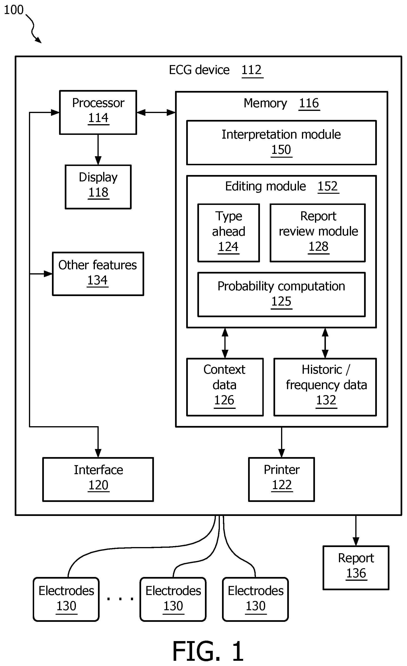 Patent US12376778 Figure 1 – ECG features for type ahead editing and automatic update for report interpretation