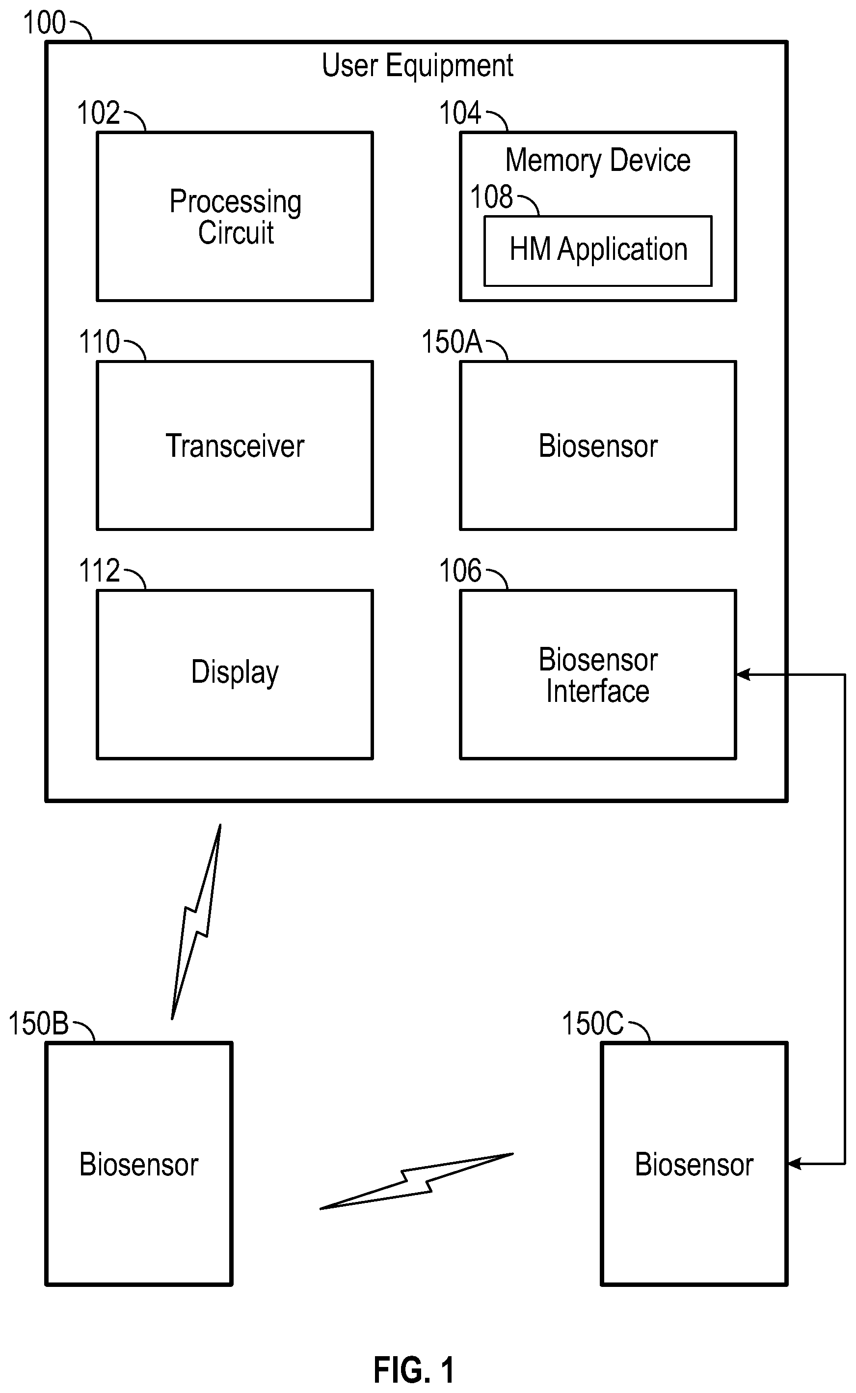 Patent US12376802 Figure 1 – System and method for health monitoring including a user device and biosensor