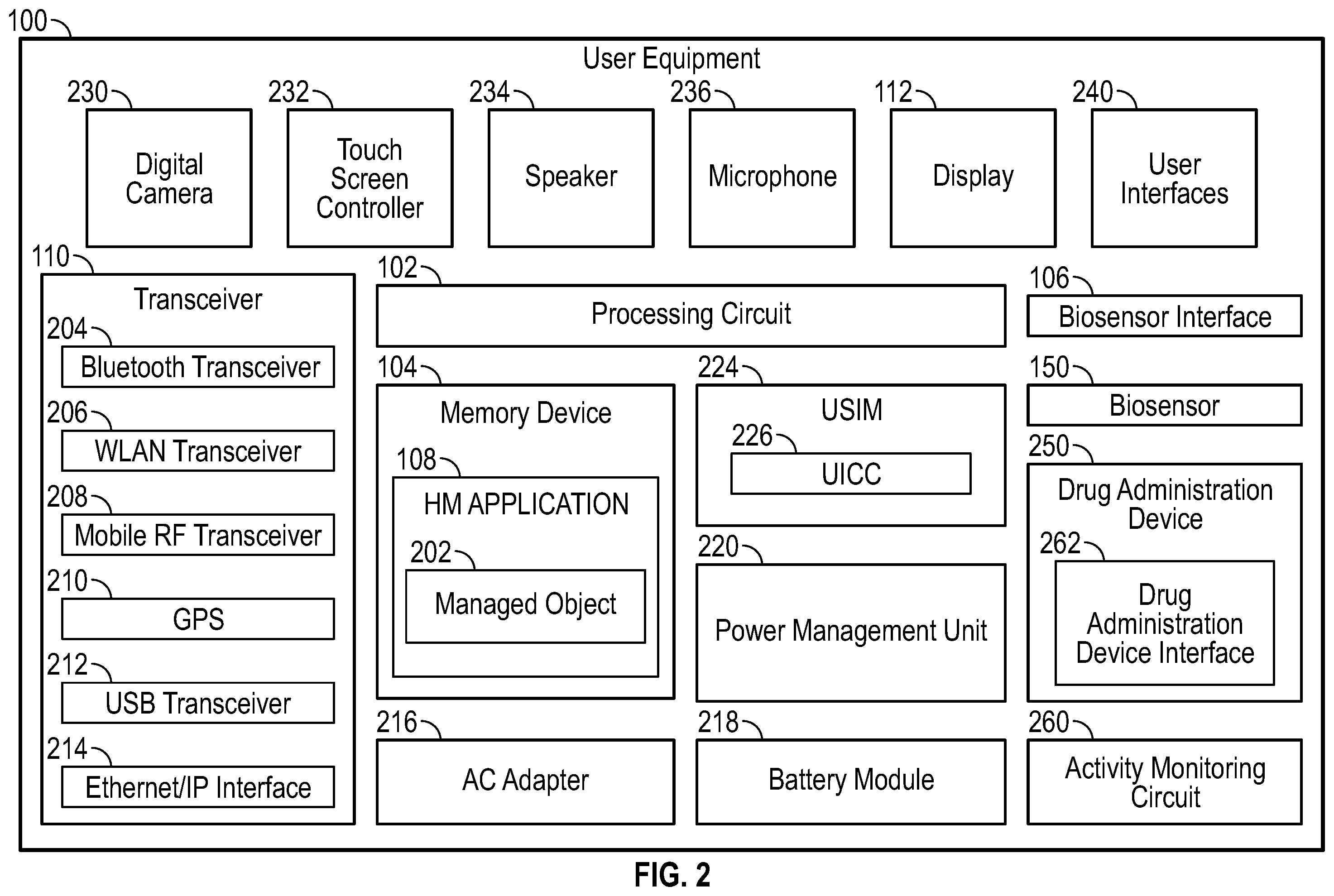 Patent US12376802 Figure 2 – System and method for health monitoring including a user device and biosensor