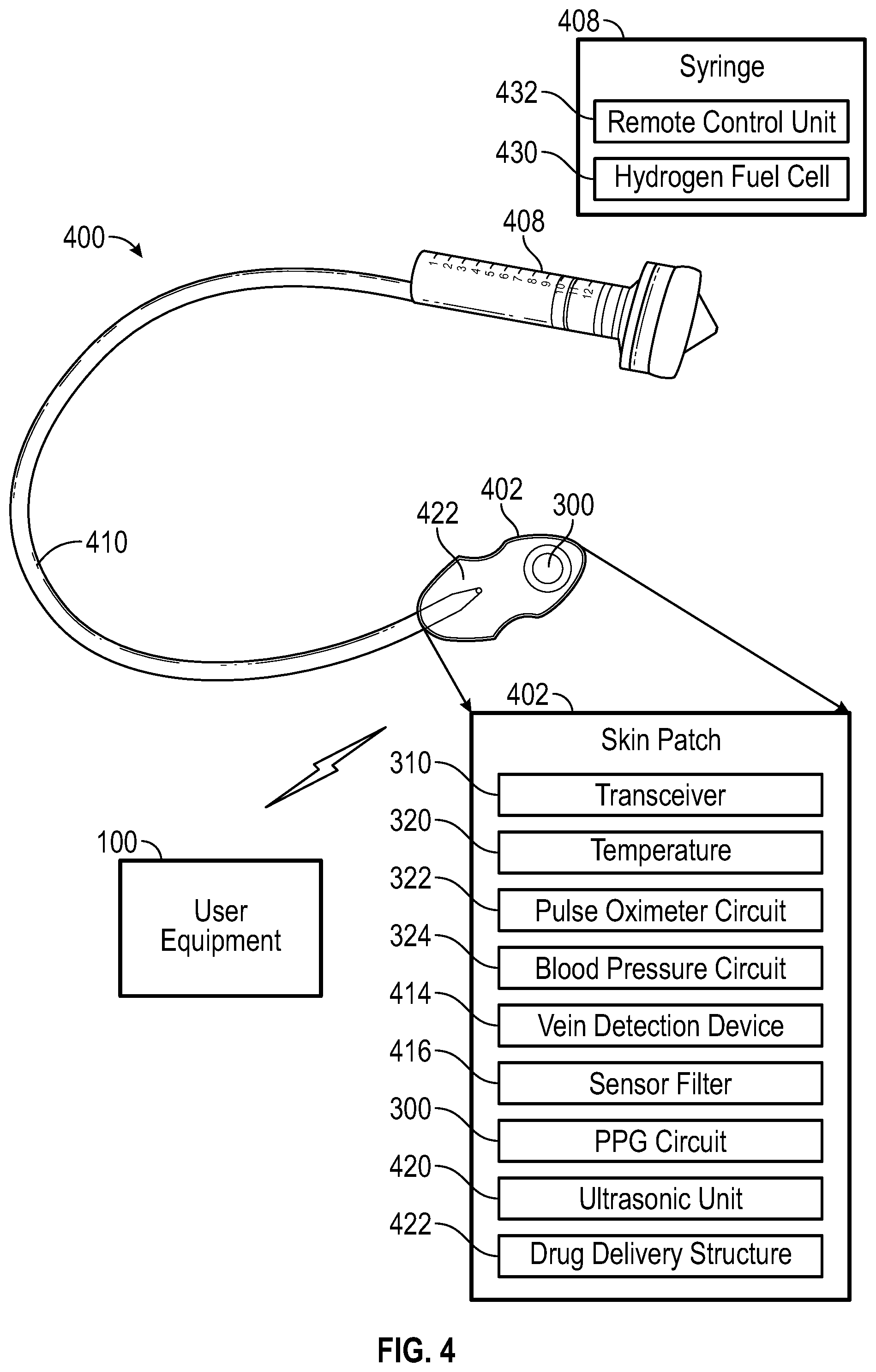 Patent US12376802 Figure 4 – System and method for health monitoring including a user device and biosensor