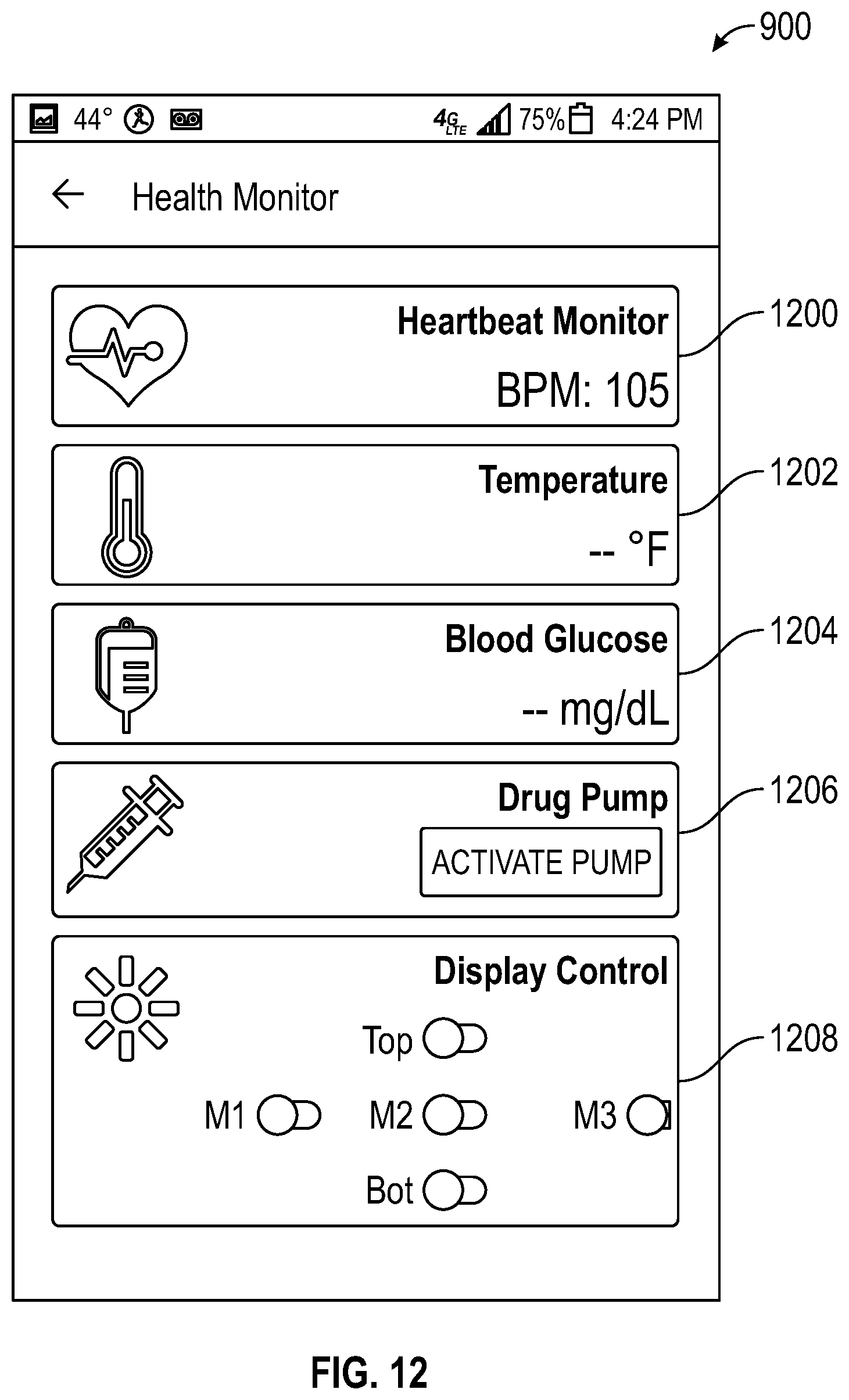 Patent US12376802 Figure 12 – System and method for health monitoring including a user device and biosensor