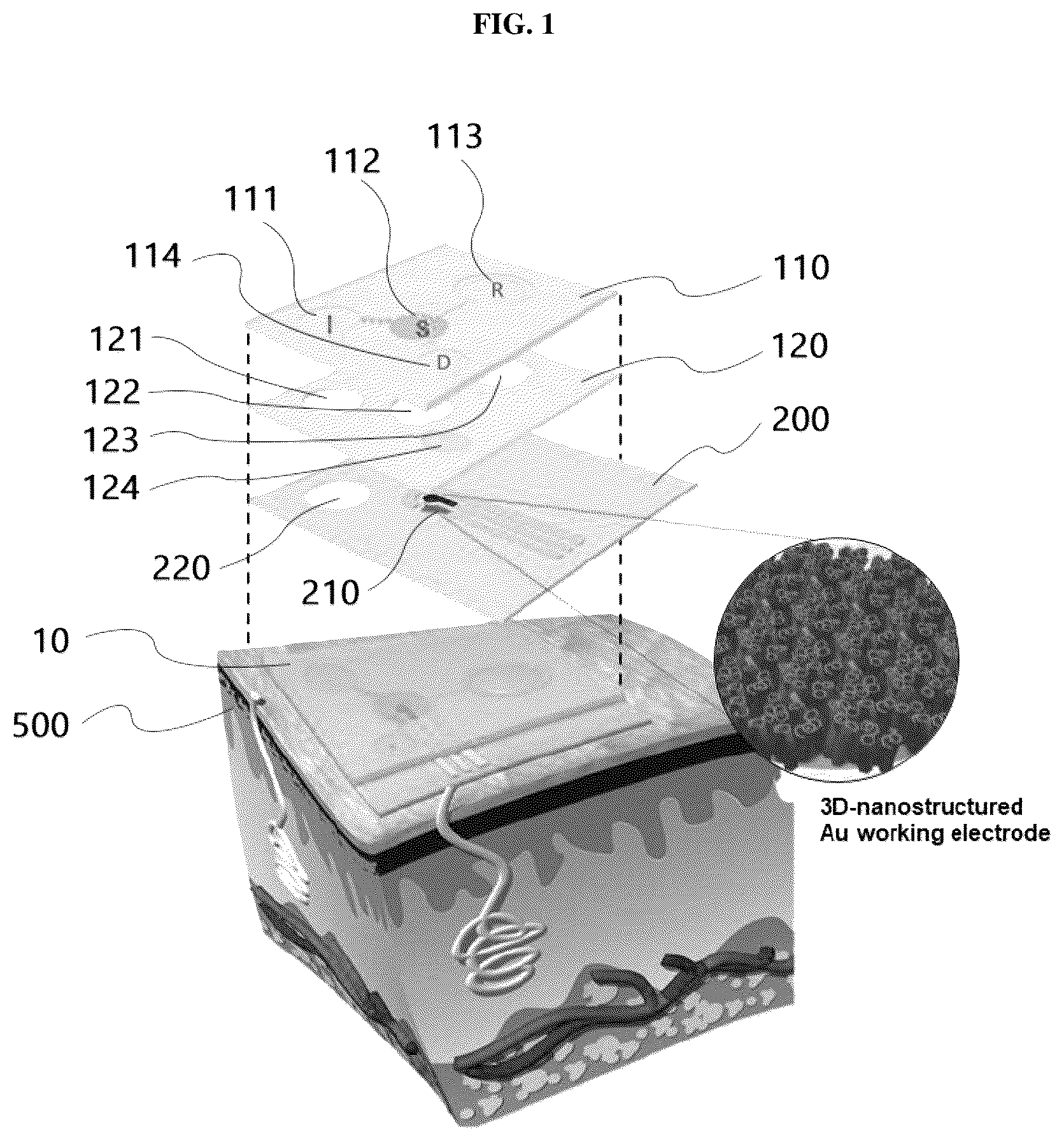 Patent US12376836 Figure 1 – Microfluidic device for detecting biomolecules in sweat and wearable biosensor patch using the same