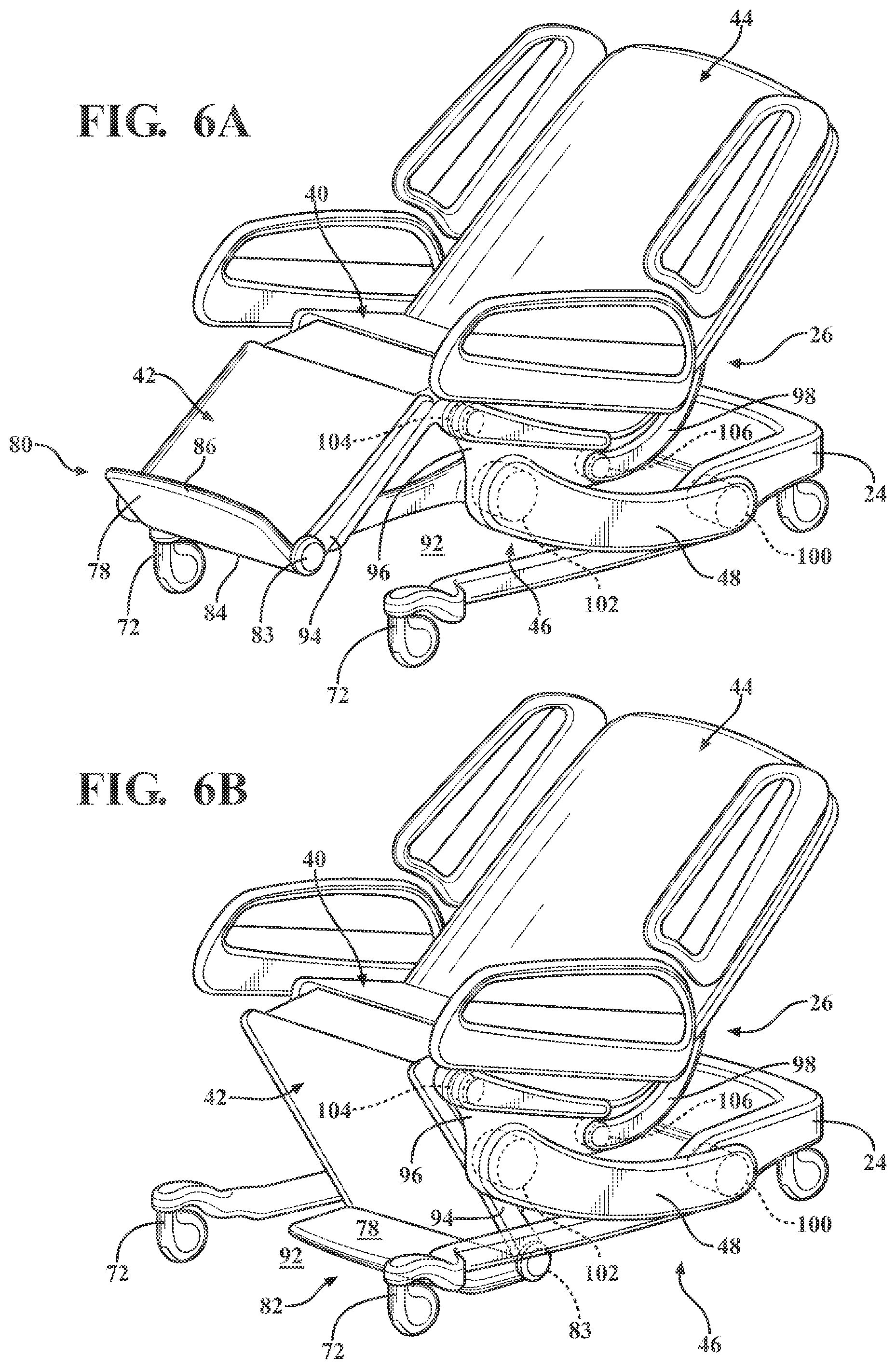 Patent US12377004 Figure 5 – Patient support systems with a chair configuration and a stowable foot section