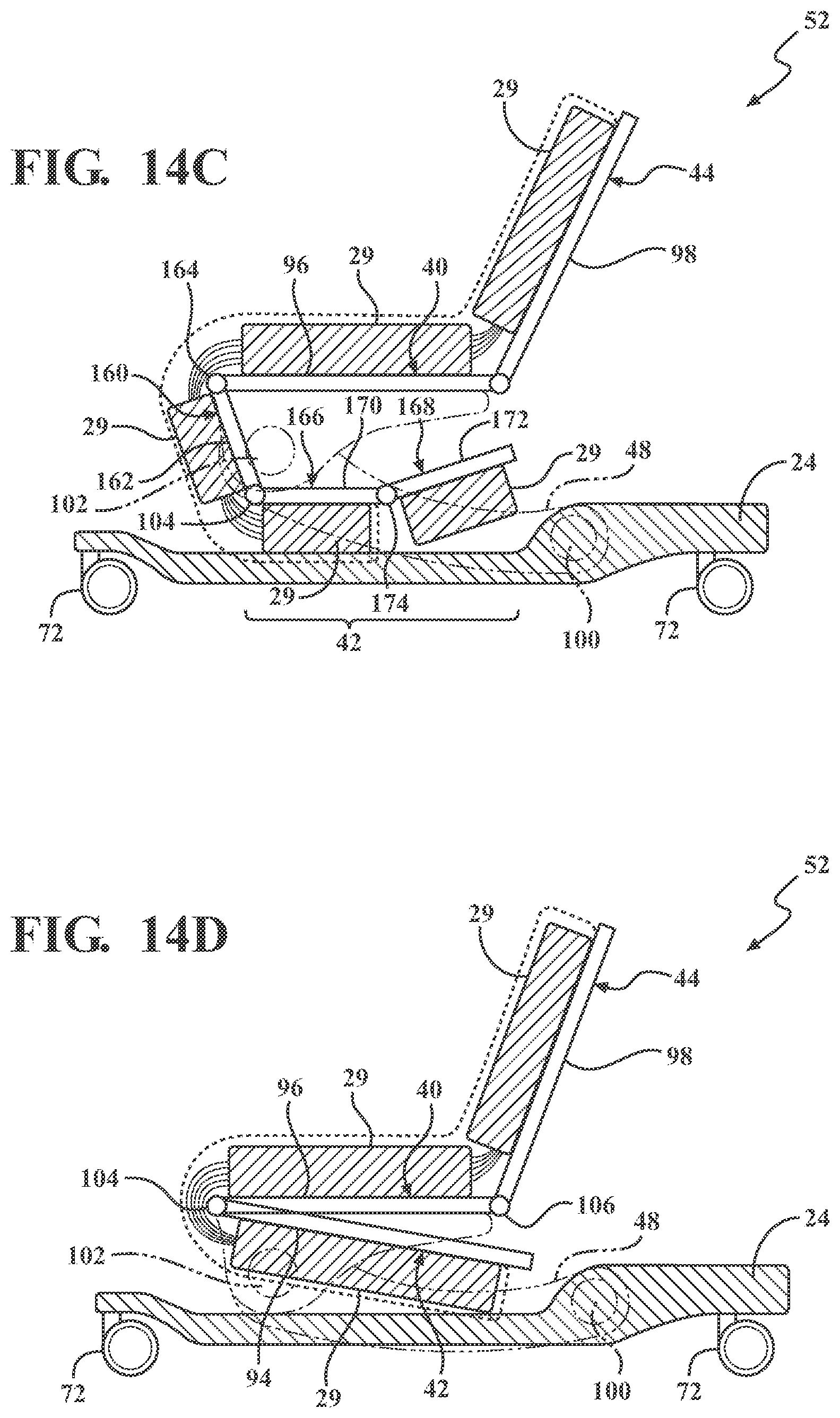 Patent US12377004 Figure 14 – Patient support systems with a chair configuration and a stowable foot section