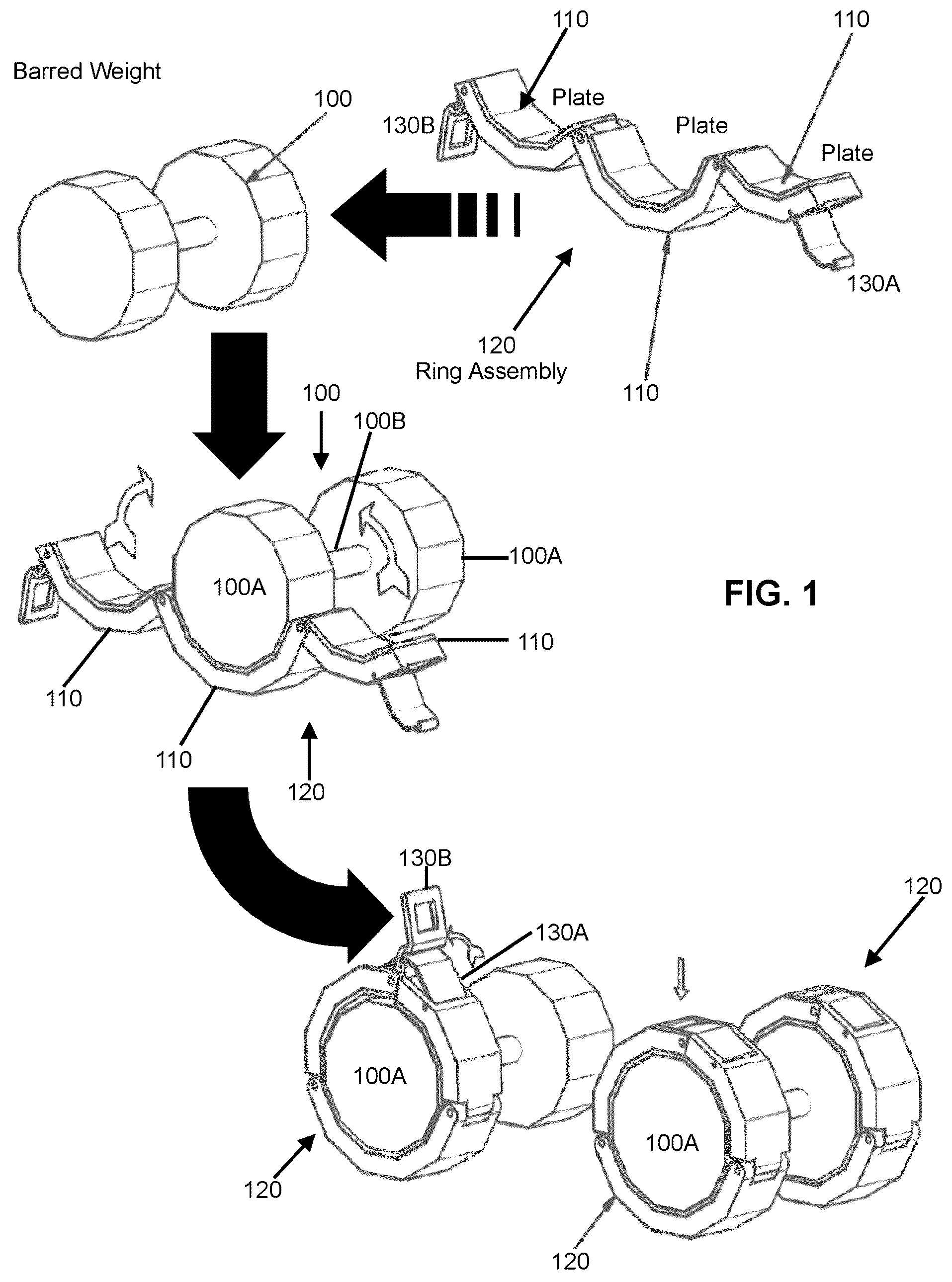 Patent US12377305 — Hingedly plated locking collar for retrofitting a barred weight — Figure 1