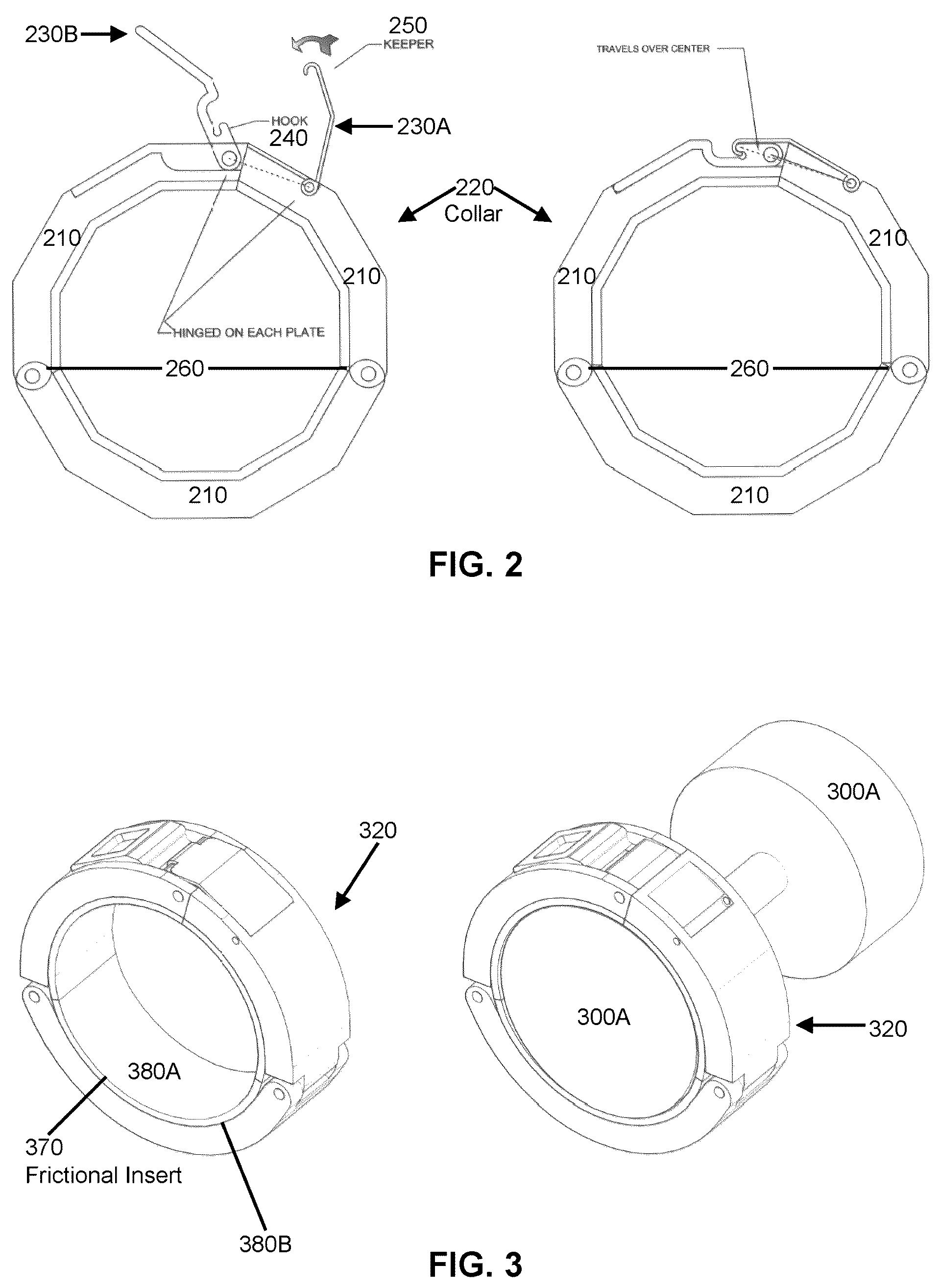 Patent US12377305 Figure 2 – Hingedly plated locking collar for retrofitting a barred weight