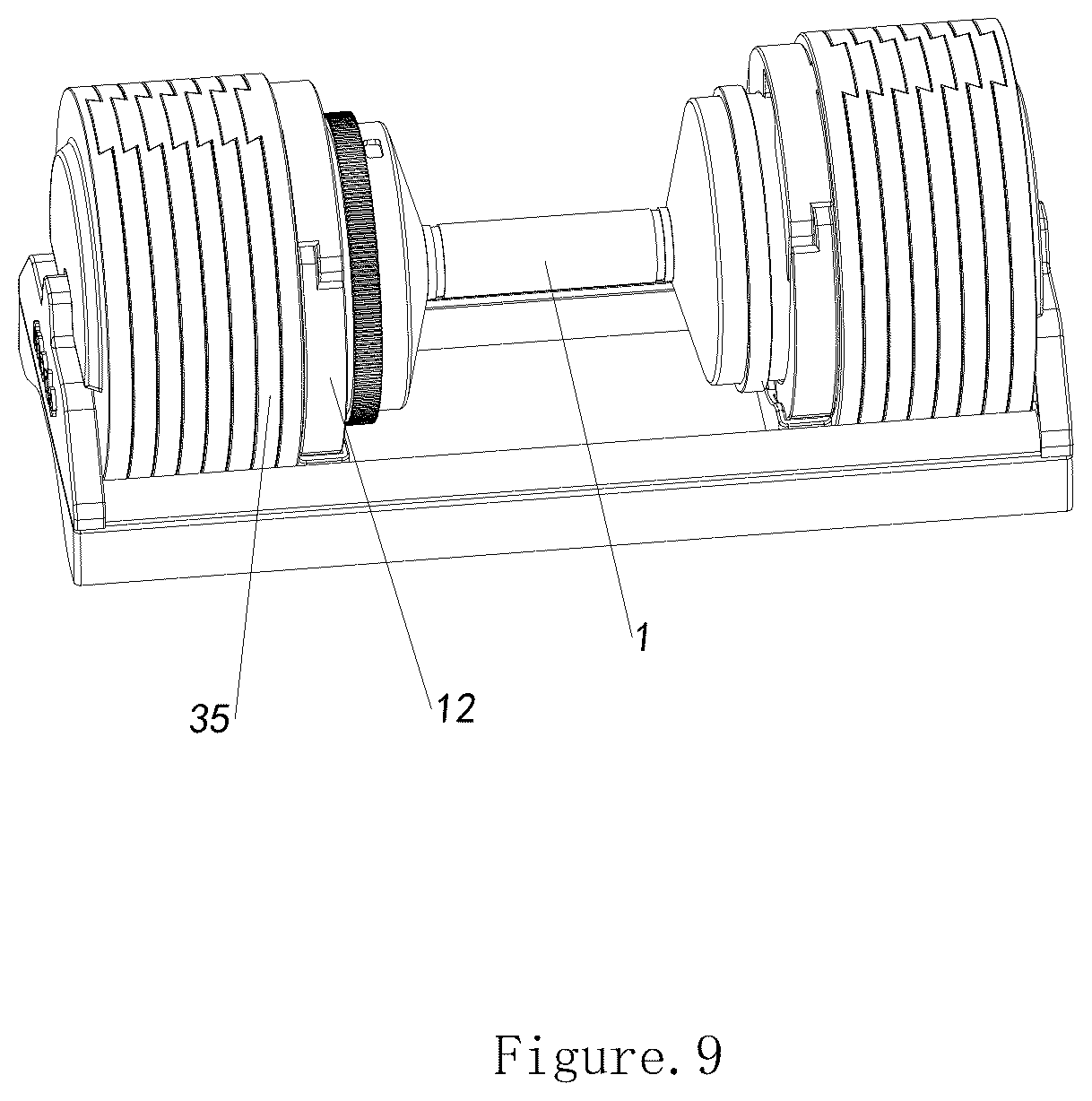 Patent US12377306 Figure 5 – Dumbbell handle, dumbbell and dumbbell base