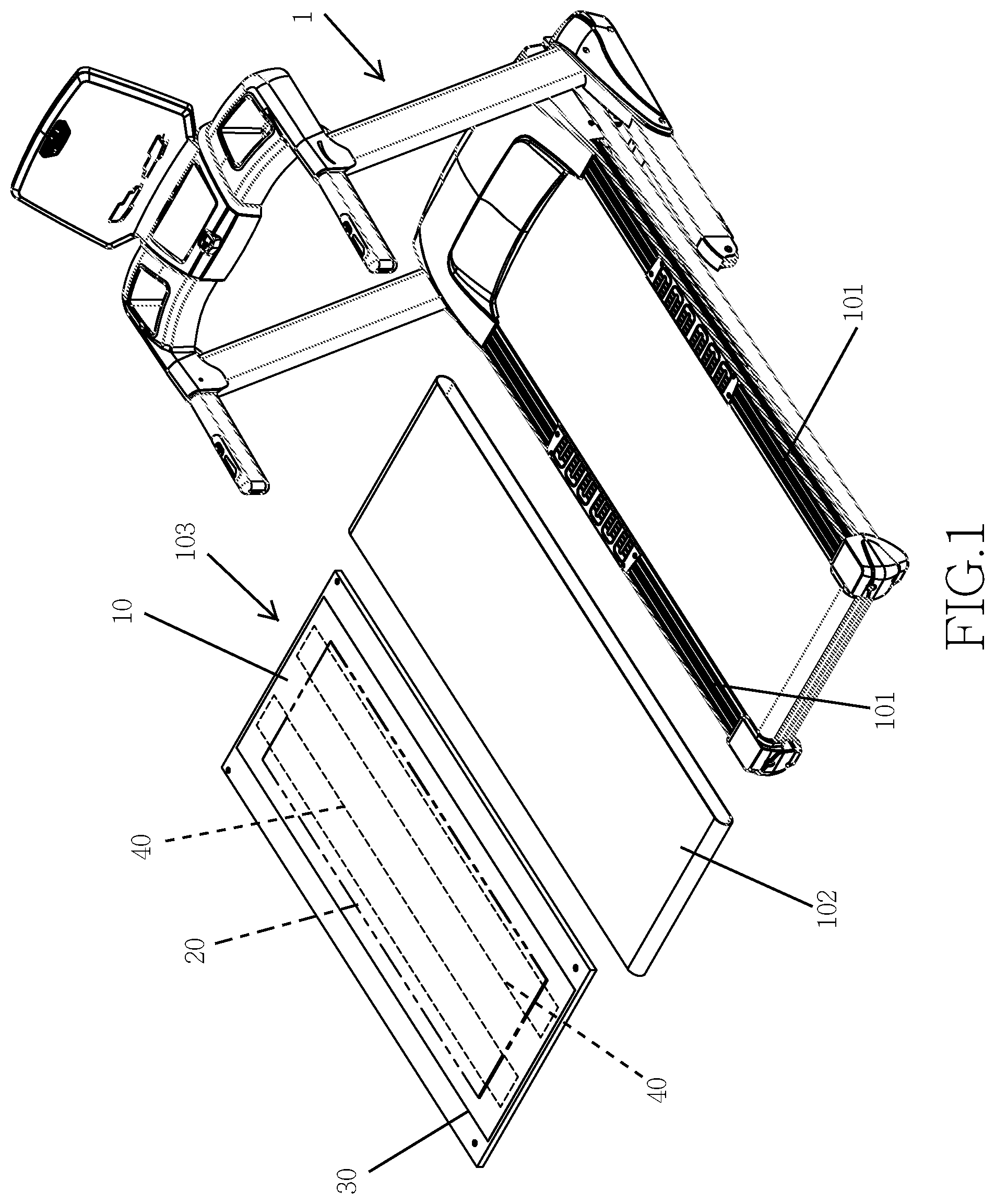 Patent US12377311 Figure 1 – Treadmill having soft walking board assembly with functions of heat dissipation, shock absorption, and wear resistance