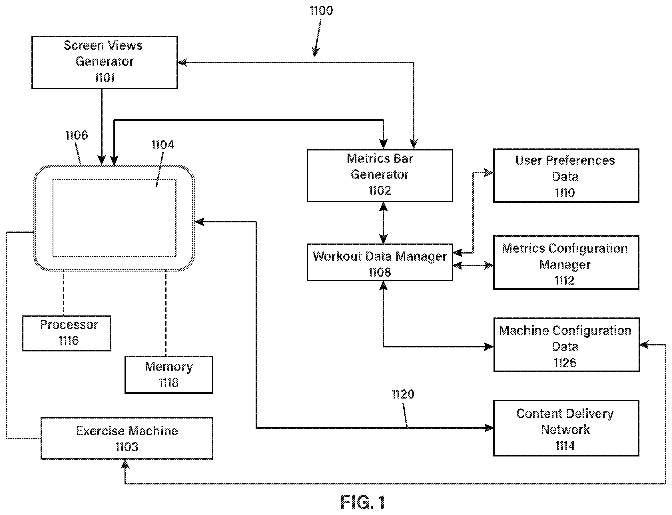 Patent US12377338 Figure 1 – Modular metrics bar for an exercise machine