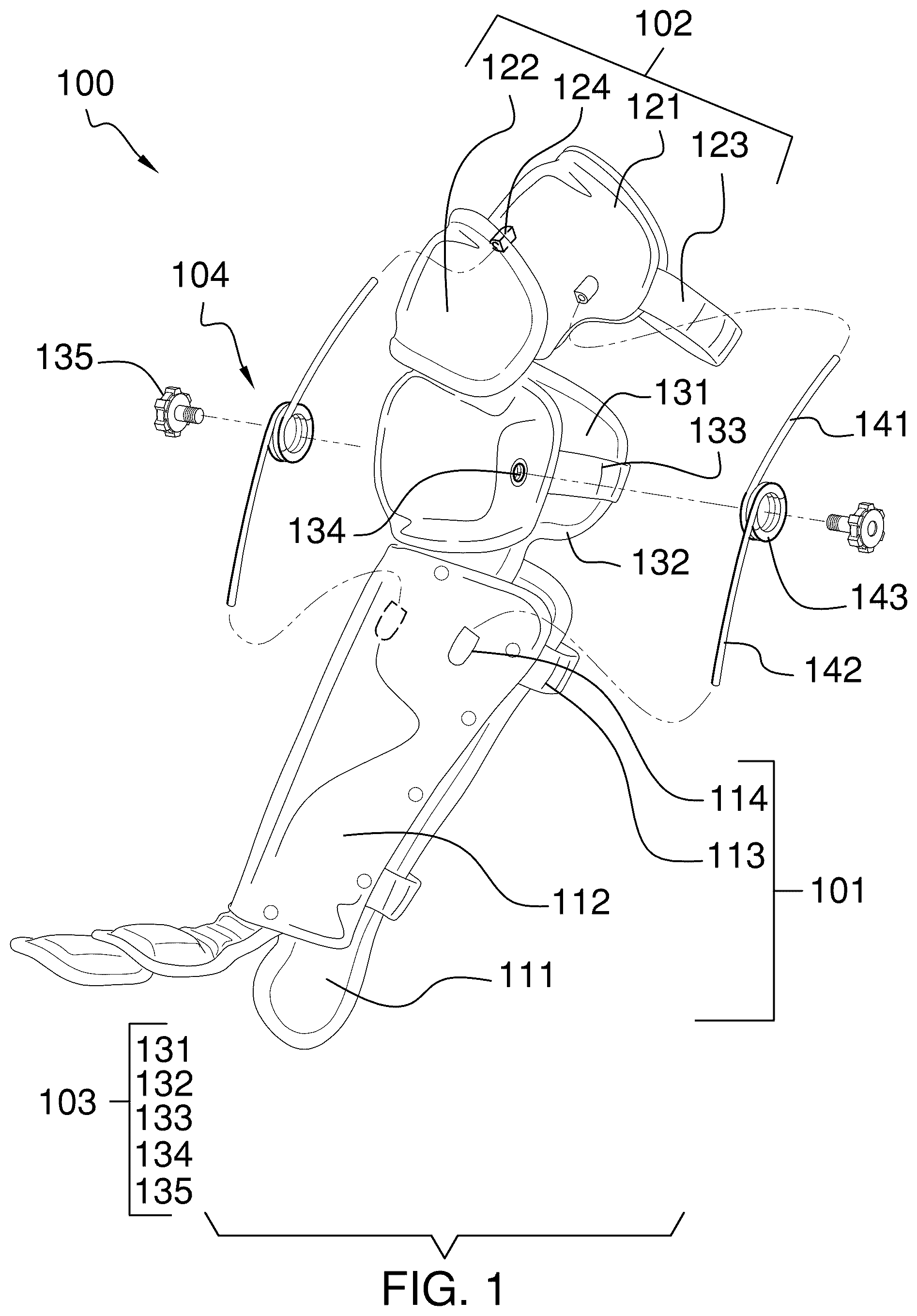Patent US12377339 Figure 1 – Shin guard with a spring biased knee joint