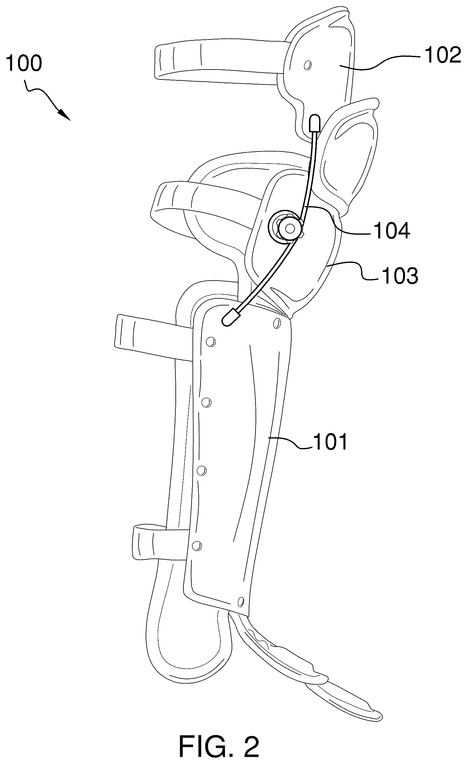 Patent US12377339 Figure 2 – Shin guard with a spring biased knee joint