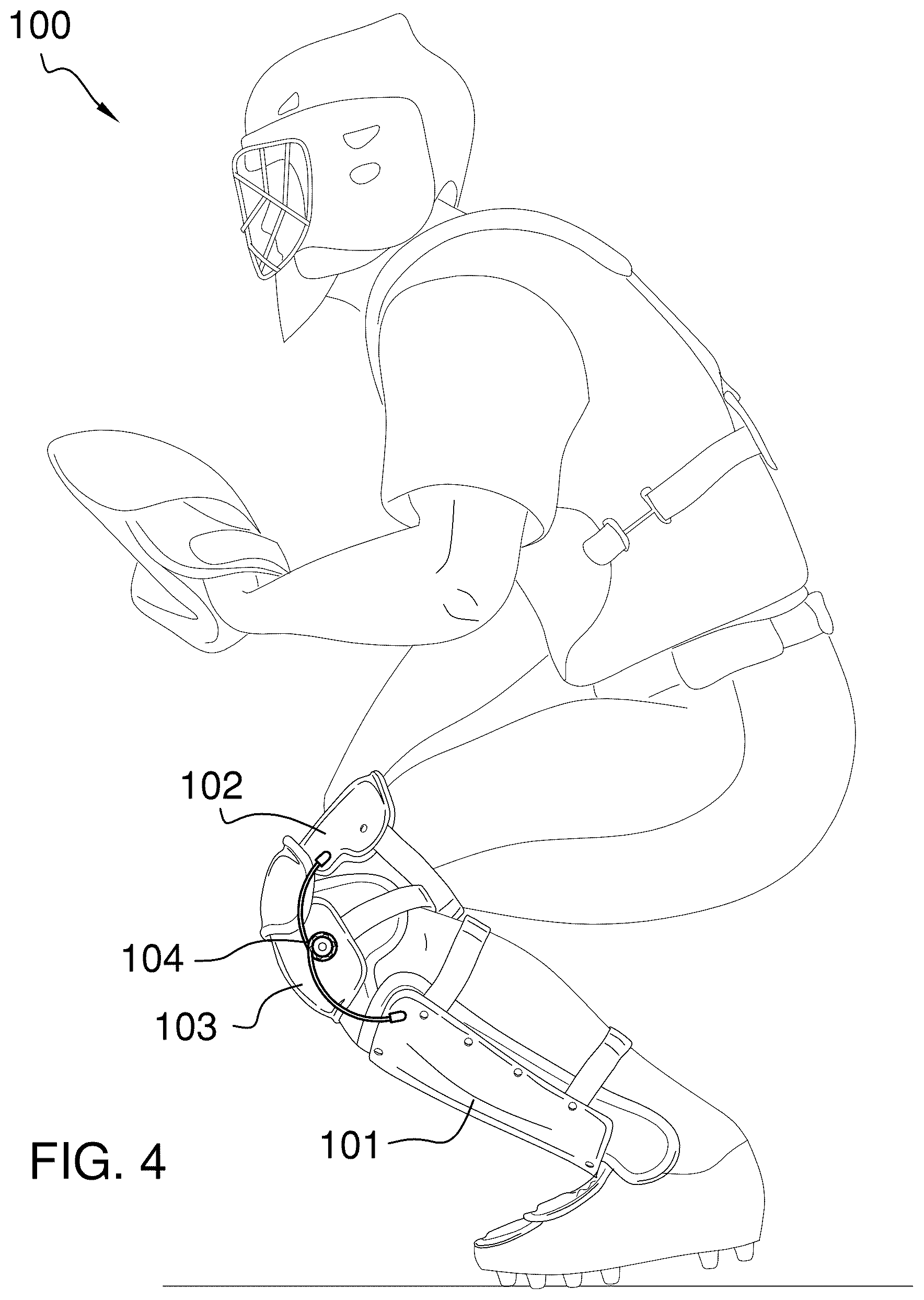 Patent US12377339 Figure 4 – Shin guard with a spring biased knee joint
