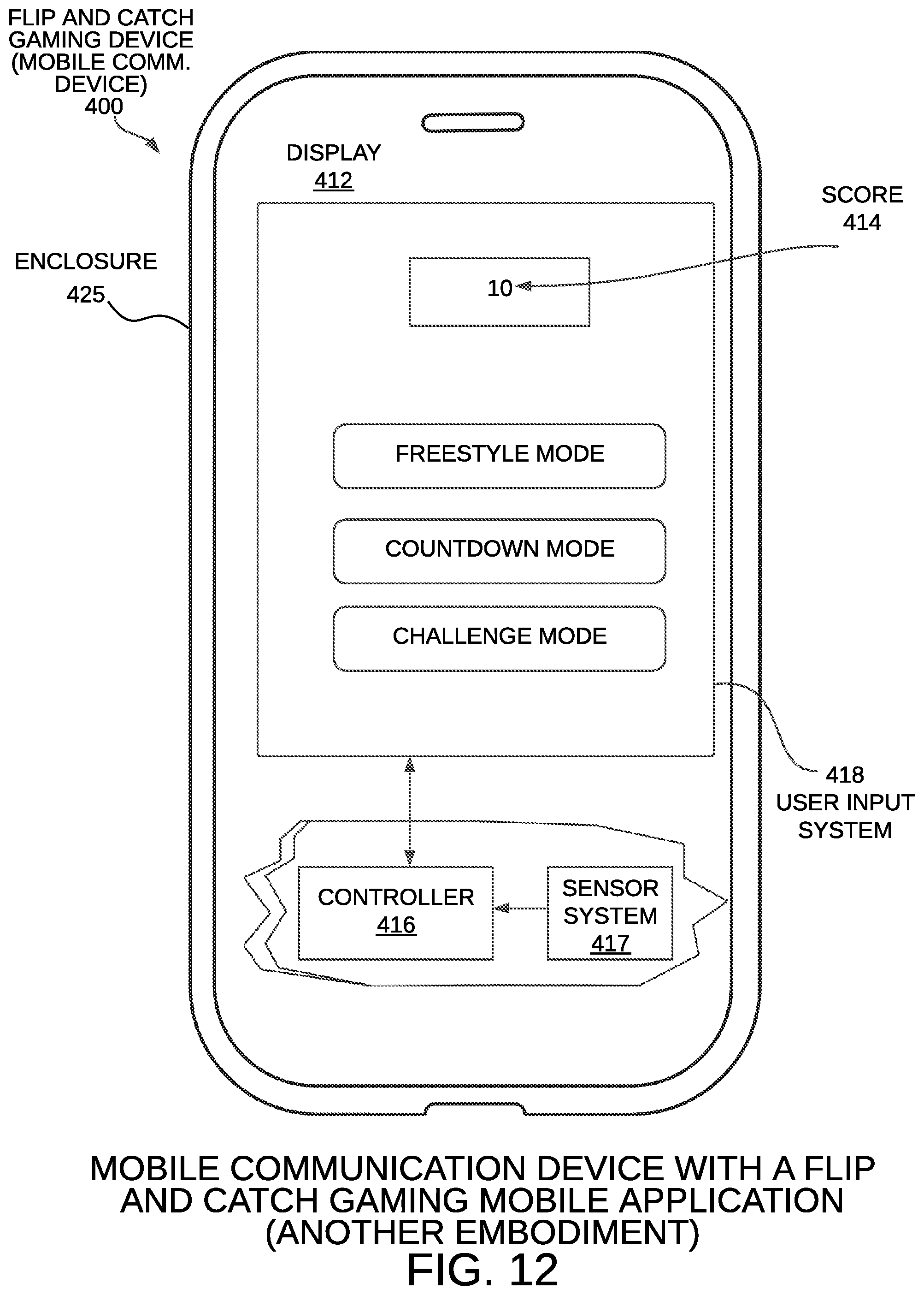 Patent US12377344 Figure 9 – Handheld flip and catch gaming device