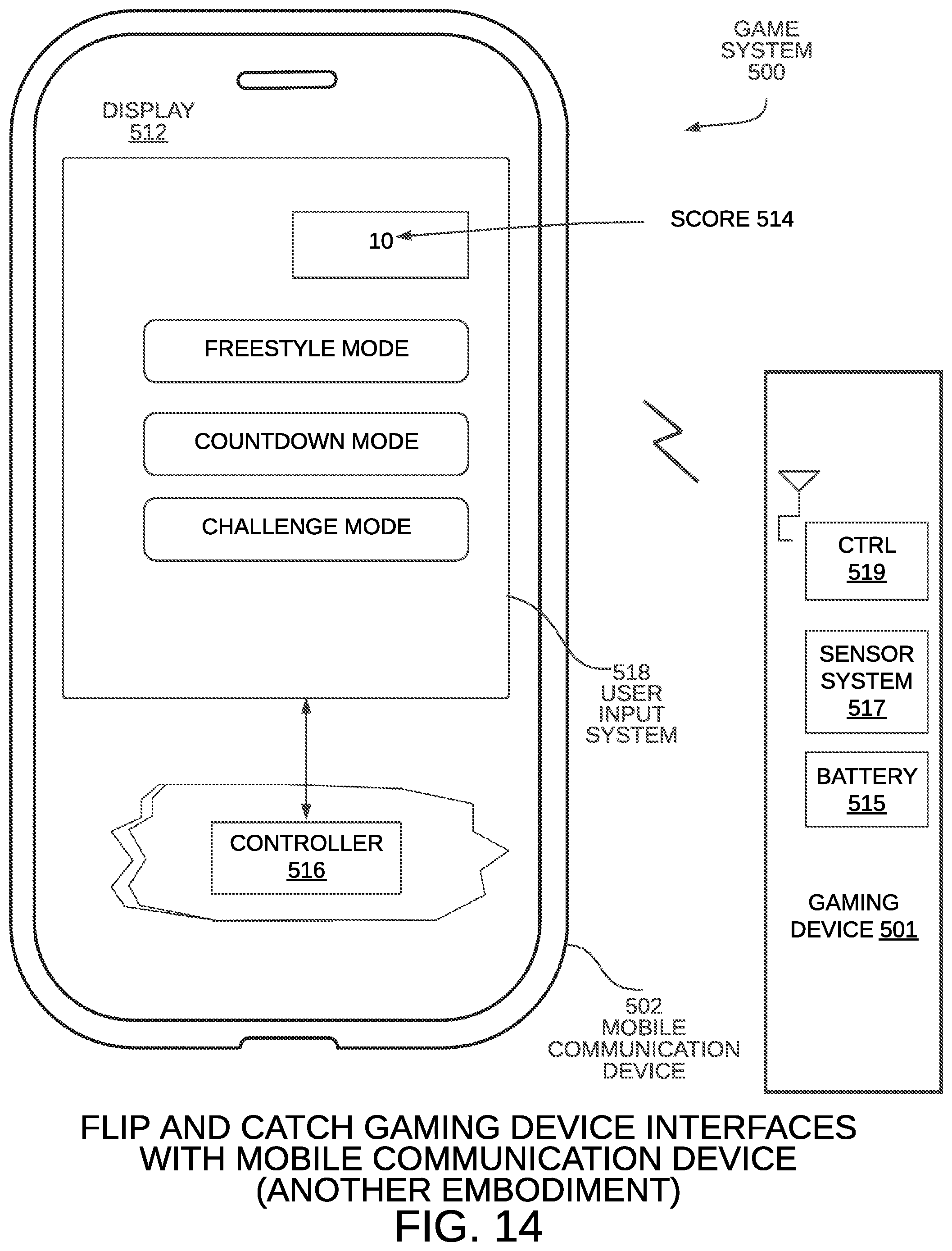 Patent US12377344 Figure 11 – Handheld flip and catch gaming device