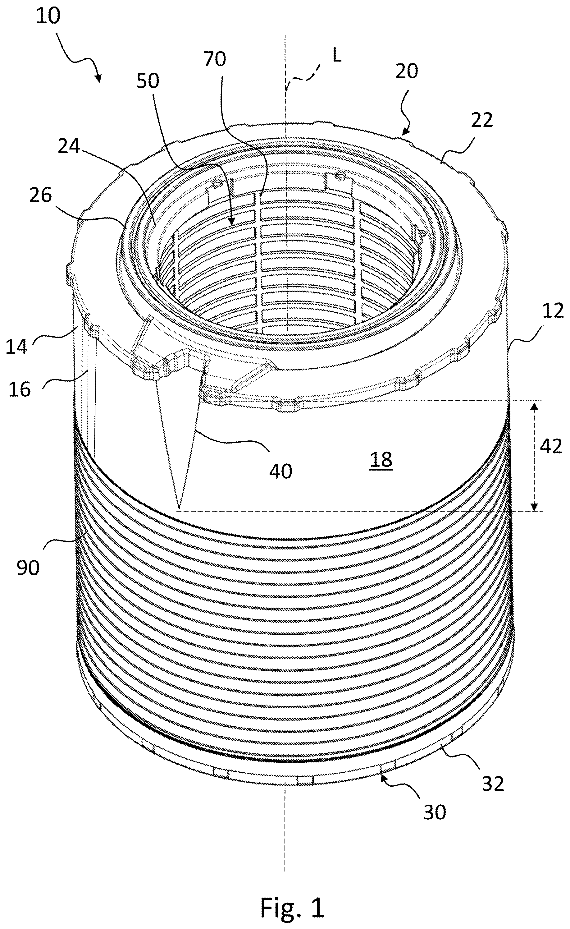 Patent US12377379 Figure 1 – Filter element, housing for a filter system, and filter system comprising a filter element and a housing