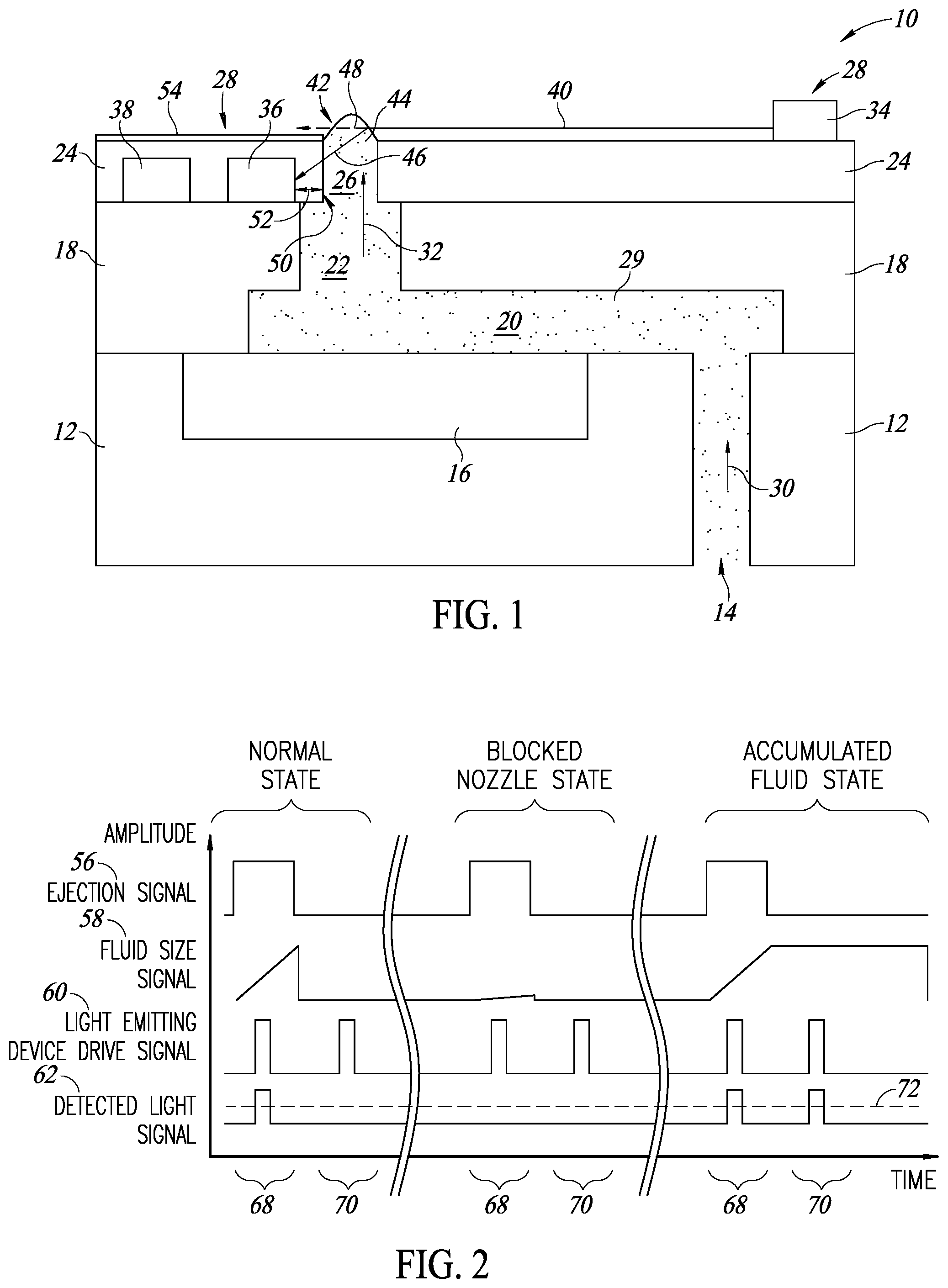 Patent US12377429 Figure 1 – Fluidic ejection device with optical blockage detector