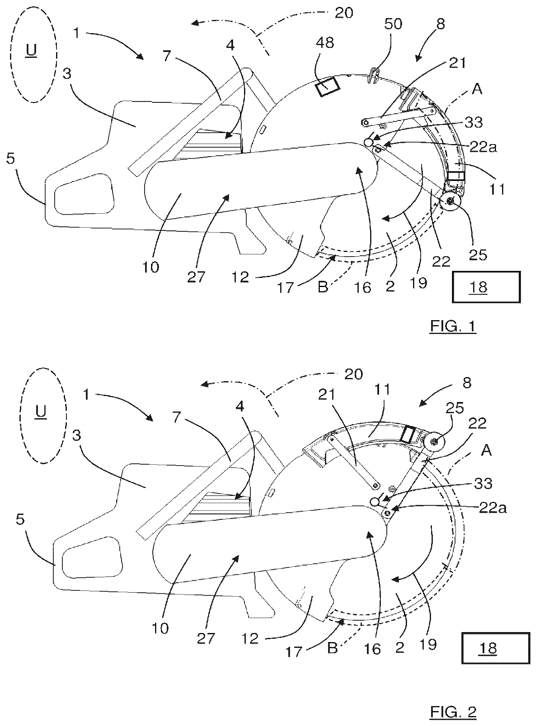 Patent US12377504 Figure 1 – Protection arrangement for a power tool