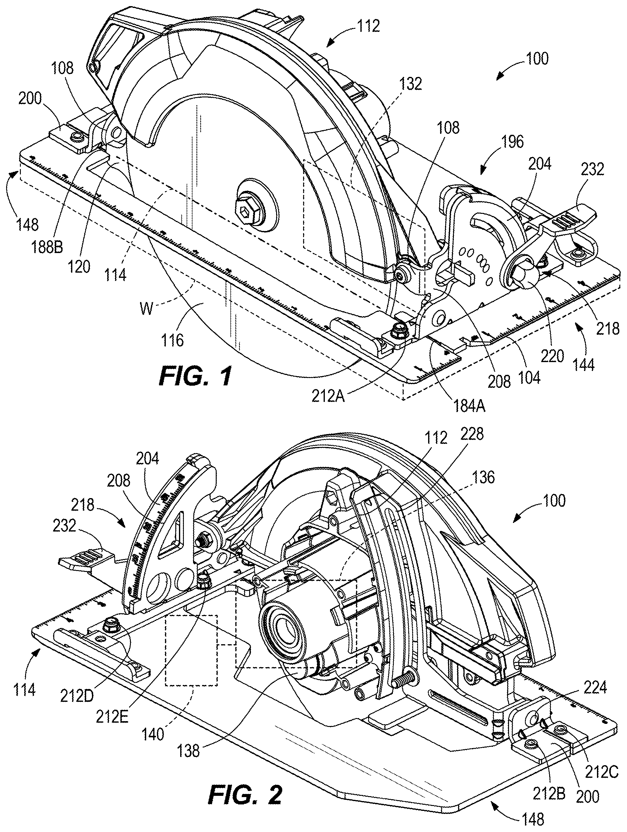 Patent US12377569 Figure 1 – Circular saw with adjustable base