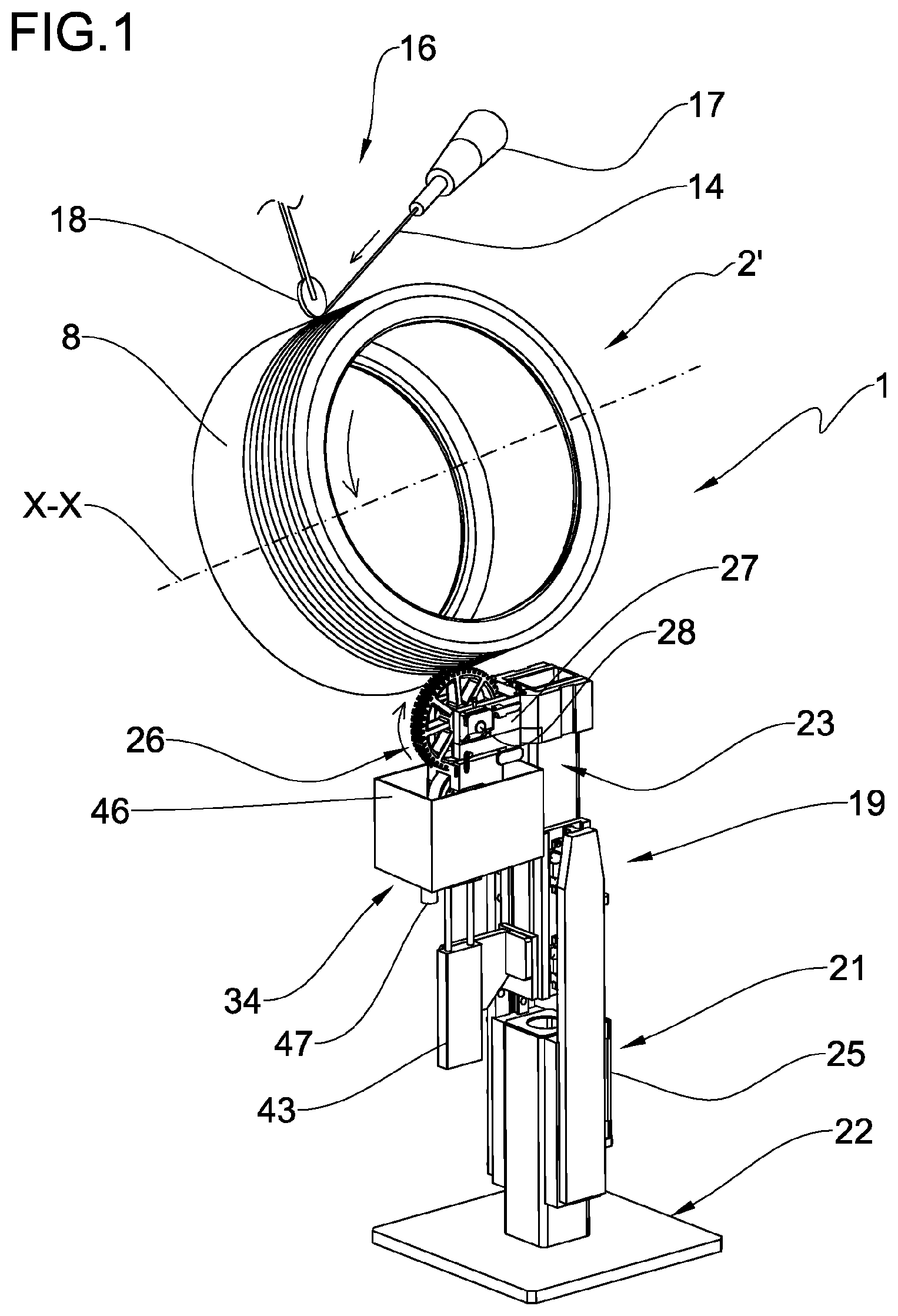 Patent US12377626 Figure 1 – Process and apparatus for building tyres for vehicle wheels