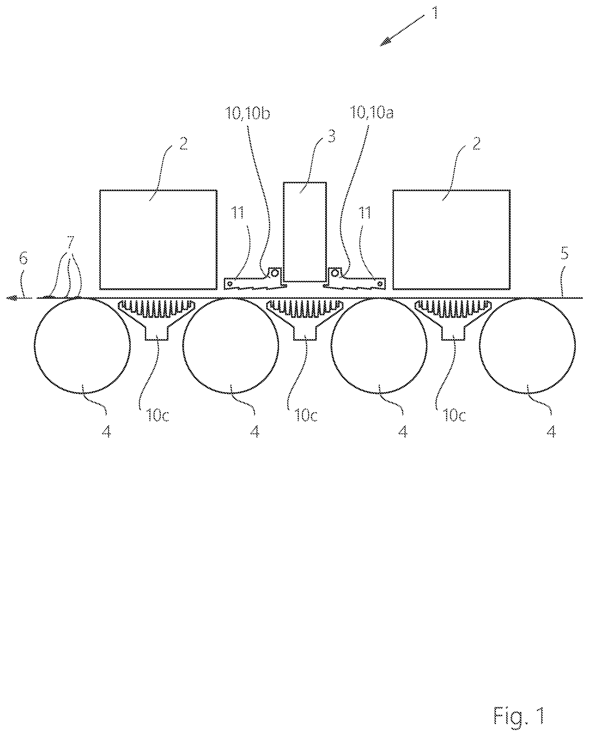 Patent US12377664 Figure 1 – Light trap for UV radiation for curing ink on a printing substrate and printing machine including a light trap