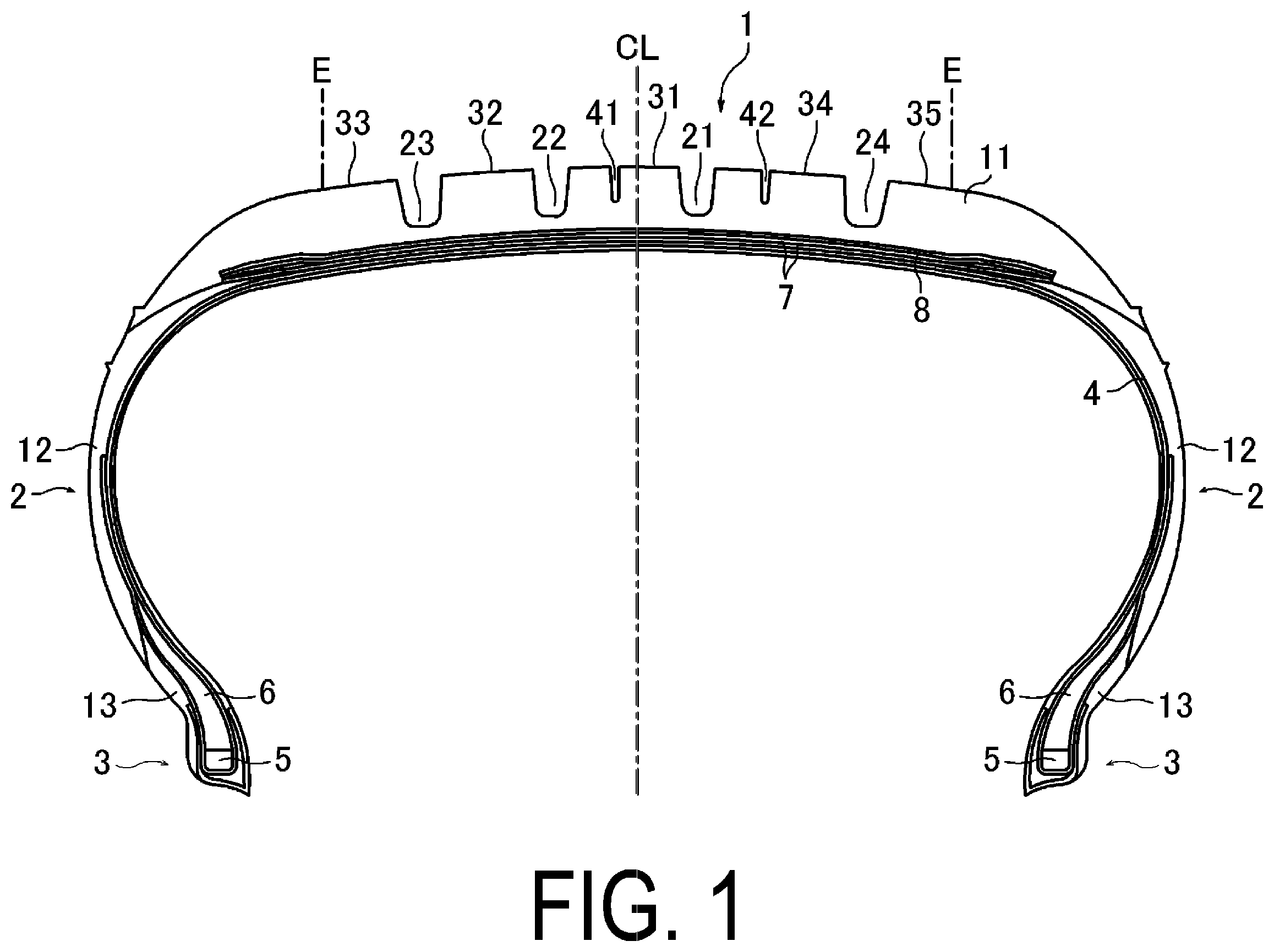 Patent US12377681 Figure 1 – Pneumatic tire