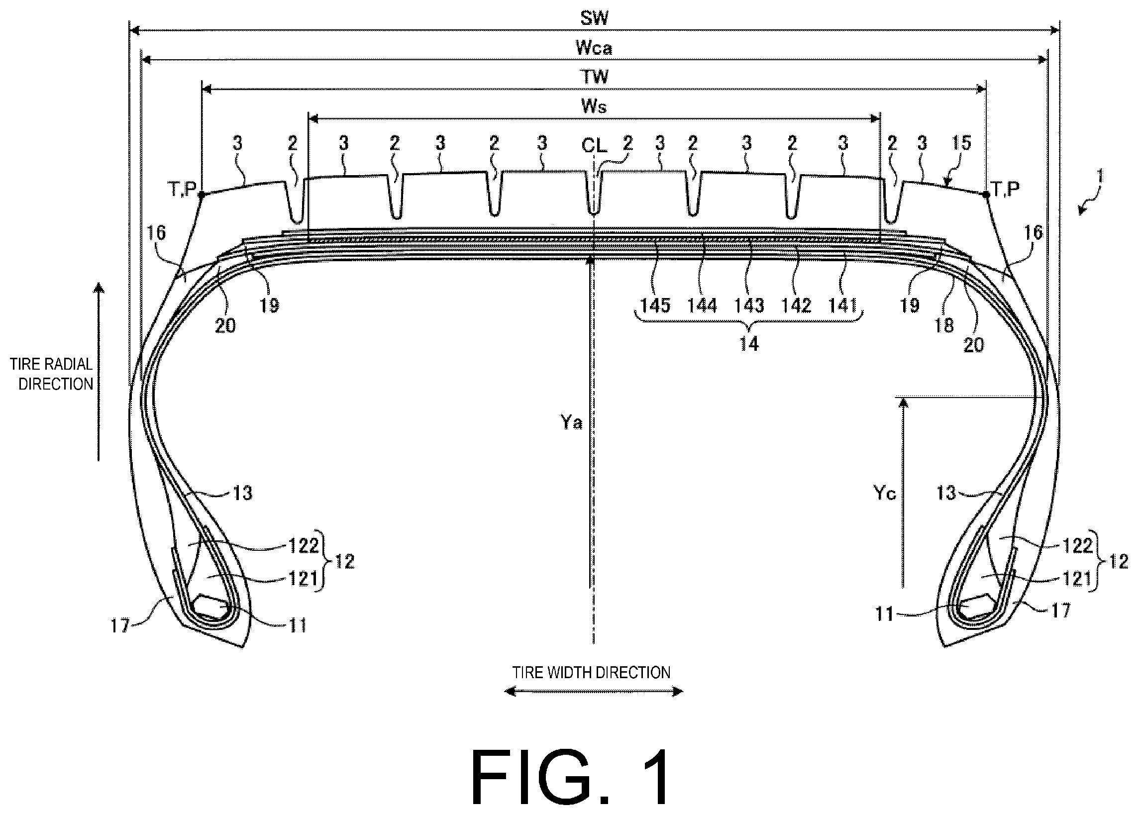 Patent US12377682 Figure 1 – Pneumatic tire