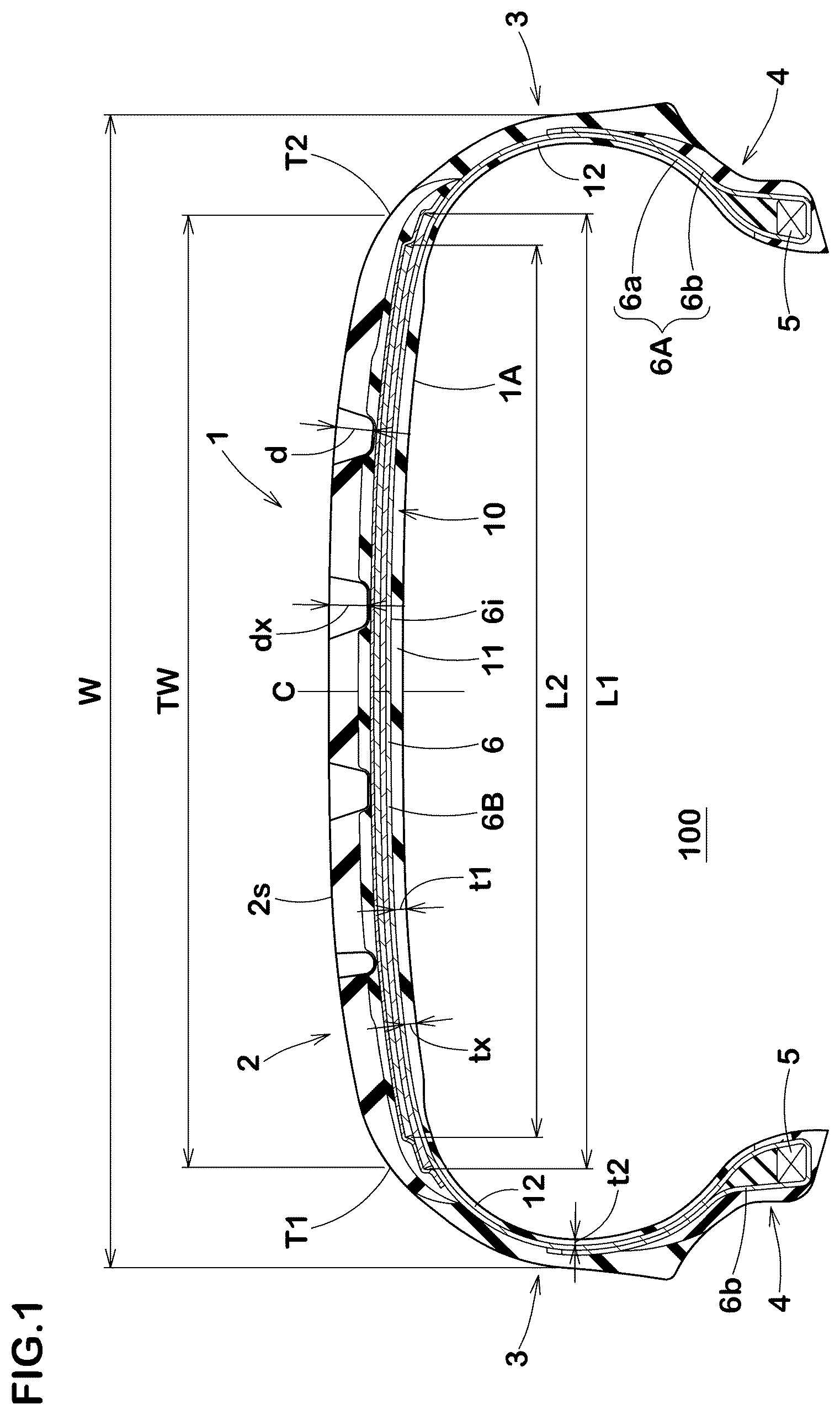 Patent US12377683 Figure 1 – Pneumatic tire