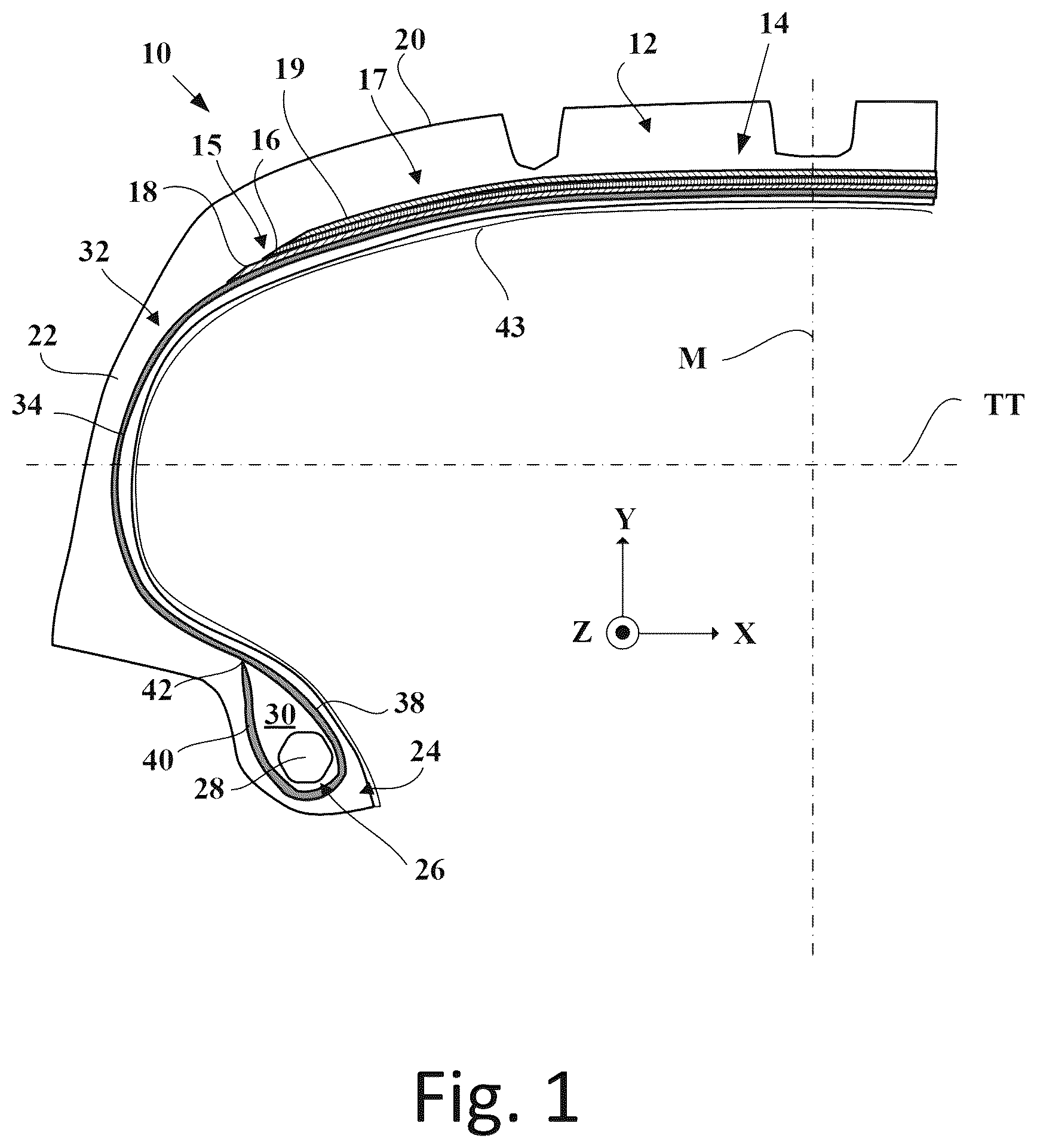Patent US12377685 Figure 1 – Tire fabric comprising tousled weft reinforcing elements with low moisture absorption content