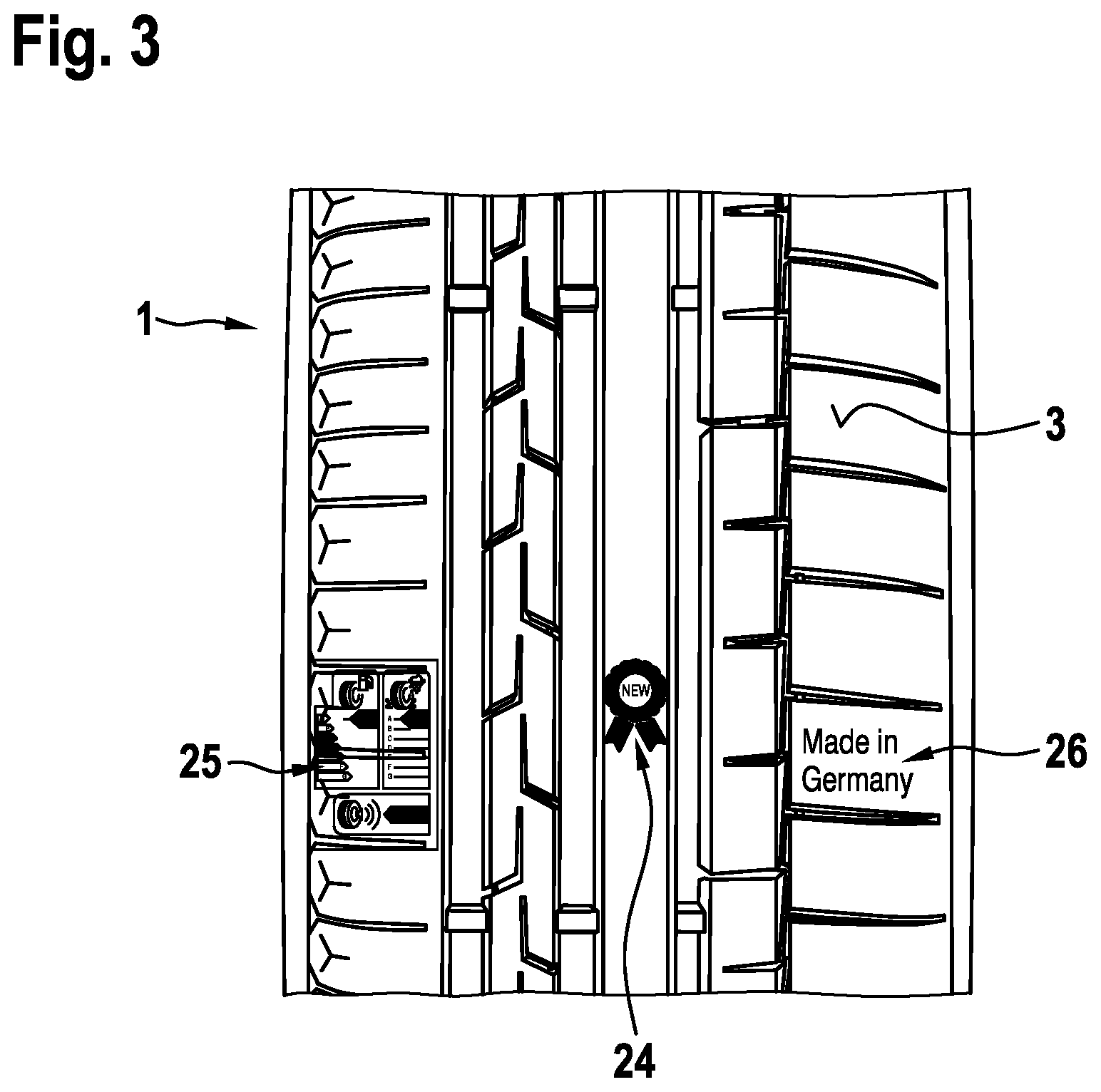 Patent US12377690 Figure 2 – Vehicle tire with new tire identifier, method for producing a vehicle tire with a new tire identifier, heating mold for tires for producing such a vehicle tire, and use of a new tire identifier on such a vehicle tire