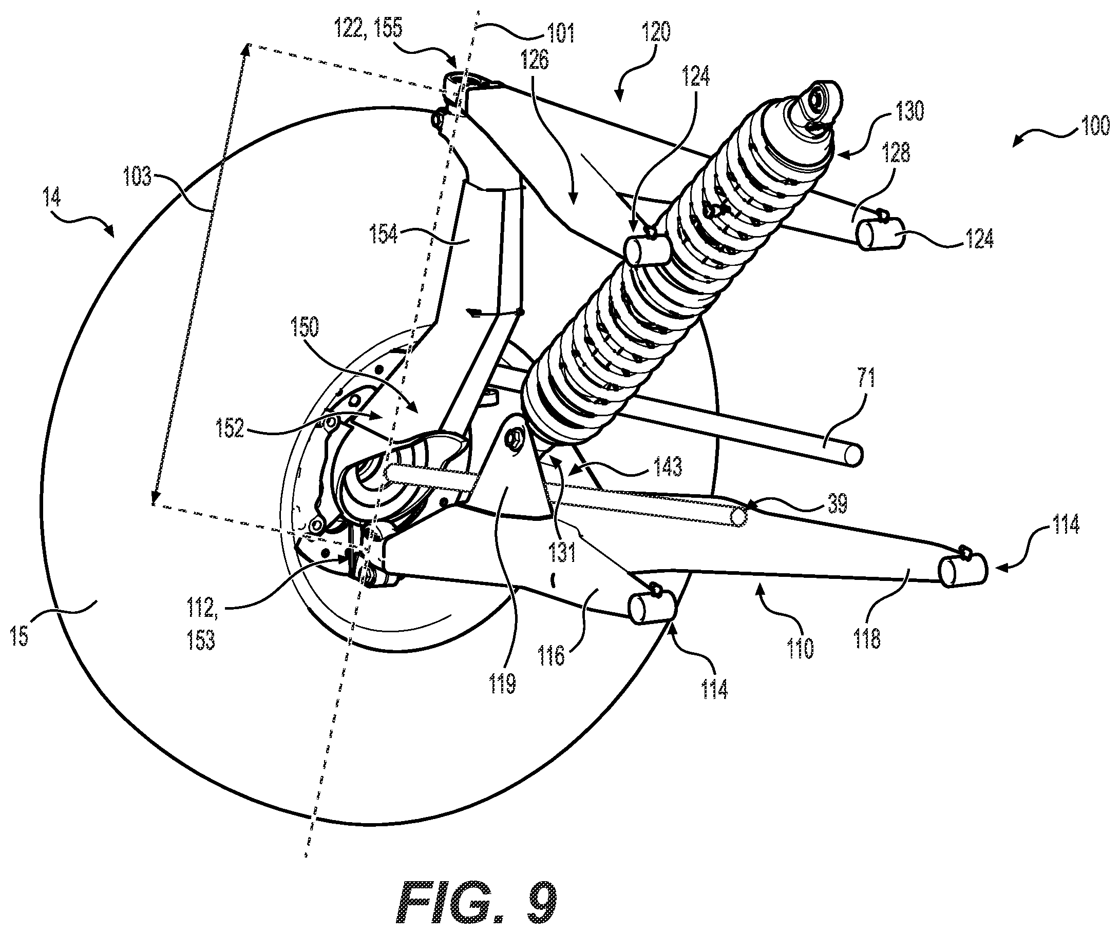 Patent US12377694 Figure 9 – Front suspension assembly for an off-road vehicle