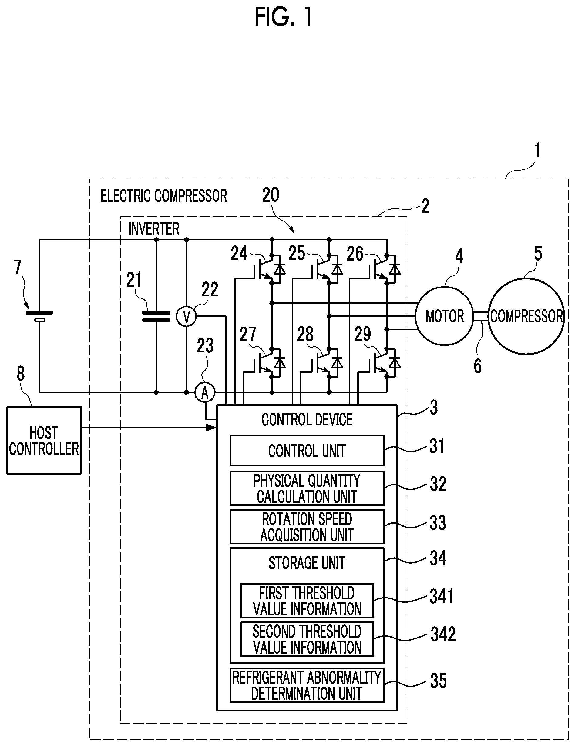 Patent US12377713 Figure 1 – Electric compressor control device, electric compressor, and electric compressor control method