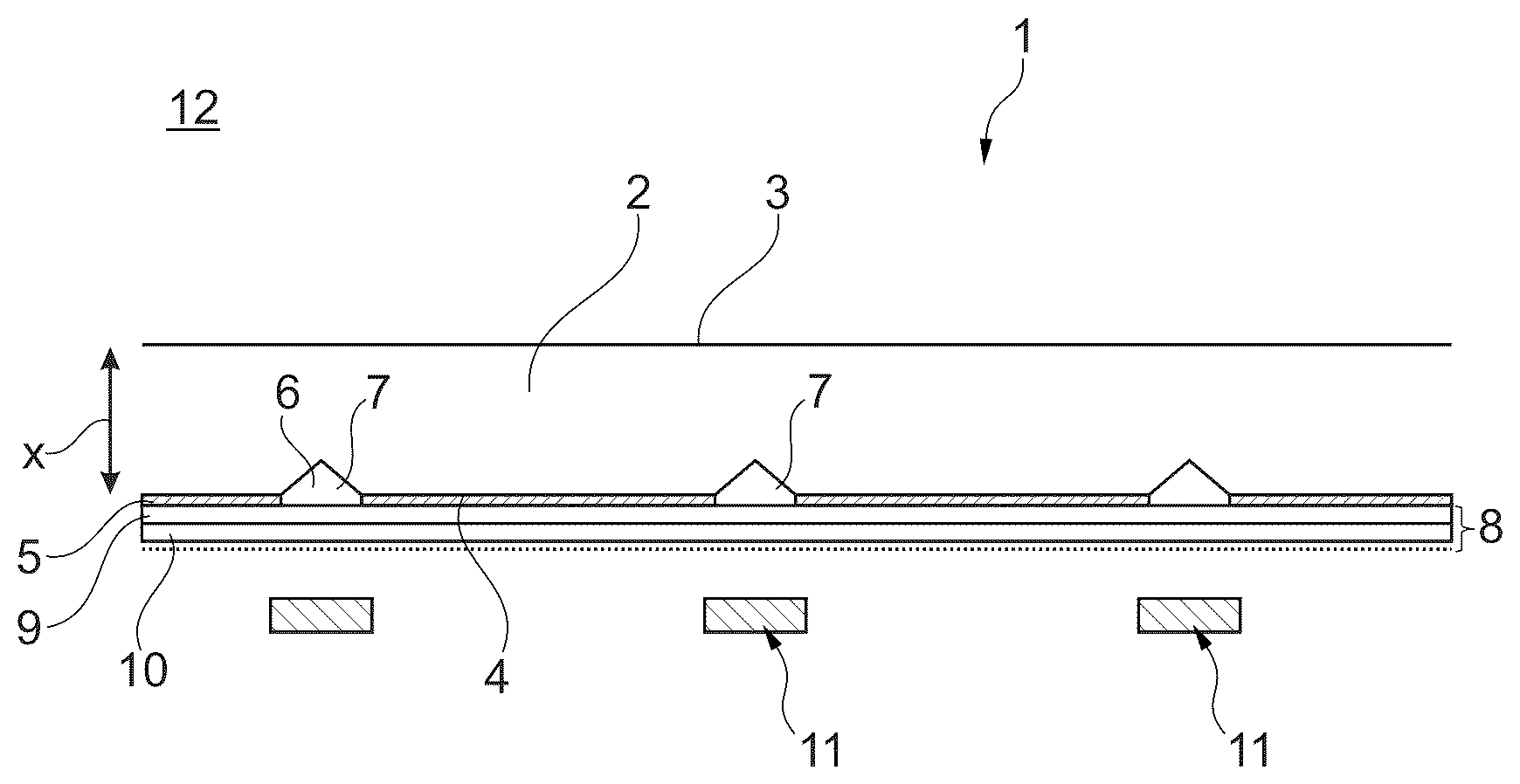 Patent US12377780 Figure 1 – Decorative composite material with three-dimensional structures arranged in recessed regions