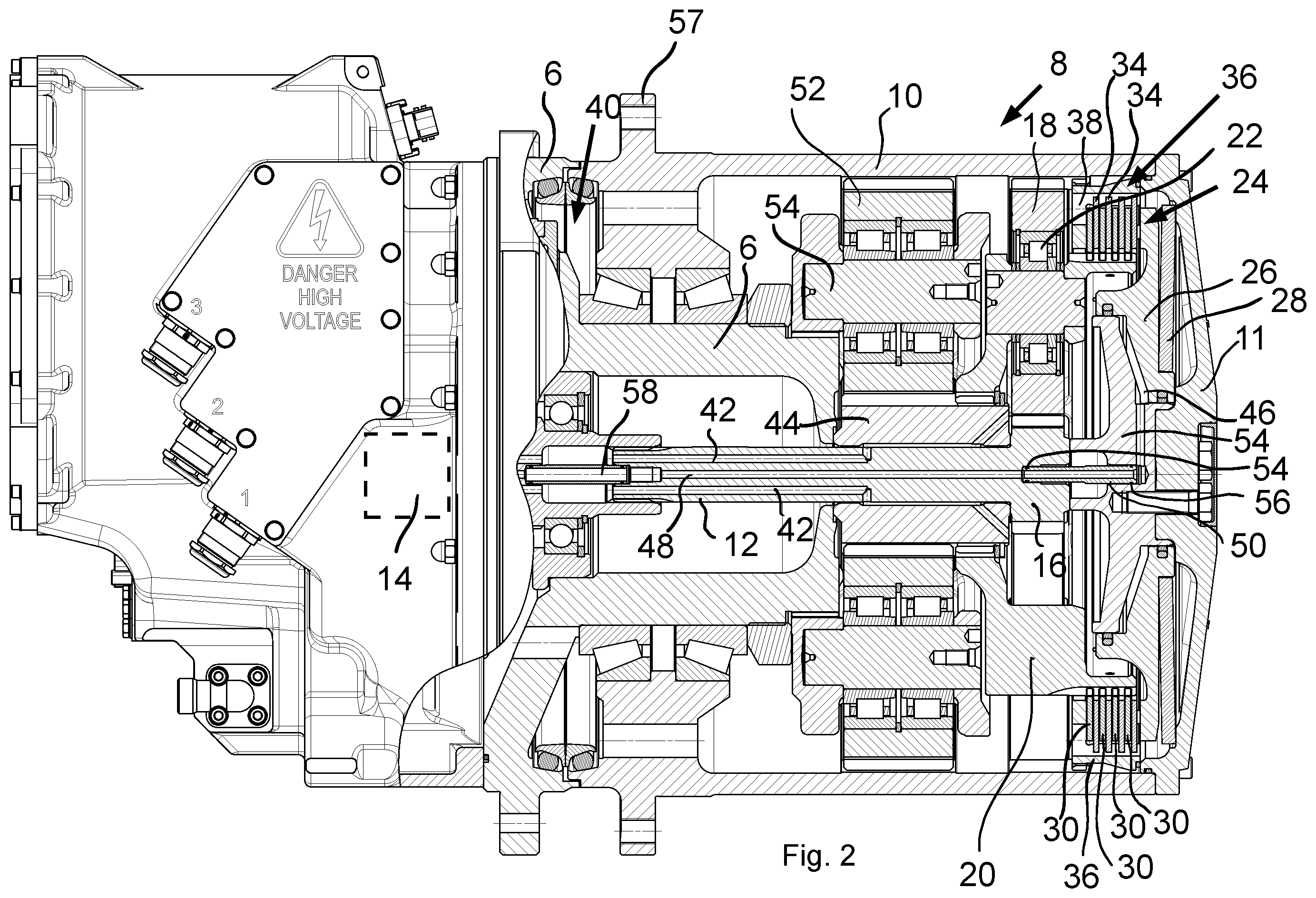 Patent US12377821 Figure 2 – Transmission for a drive train in an agricultural or heavy load vehicle and a corresponding drive train and corresponding vehicle
