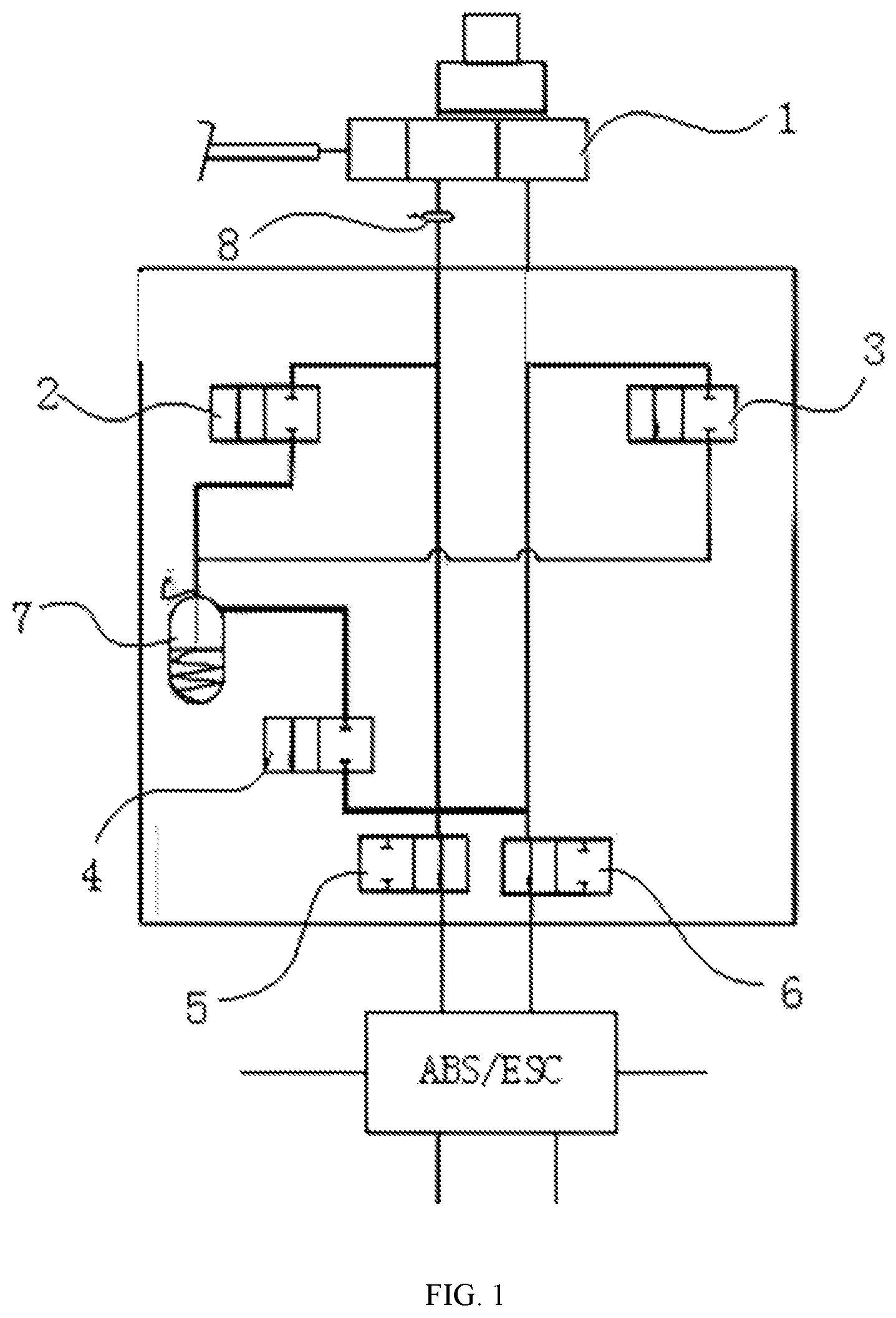 Patent US12377830 Figure 1 – Bypass energy storage device for electronically controlled hydraulic braking system and control method thereof
