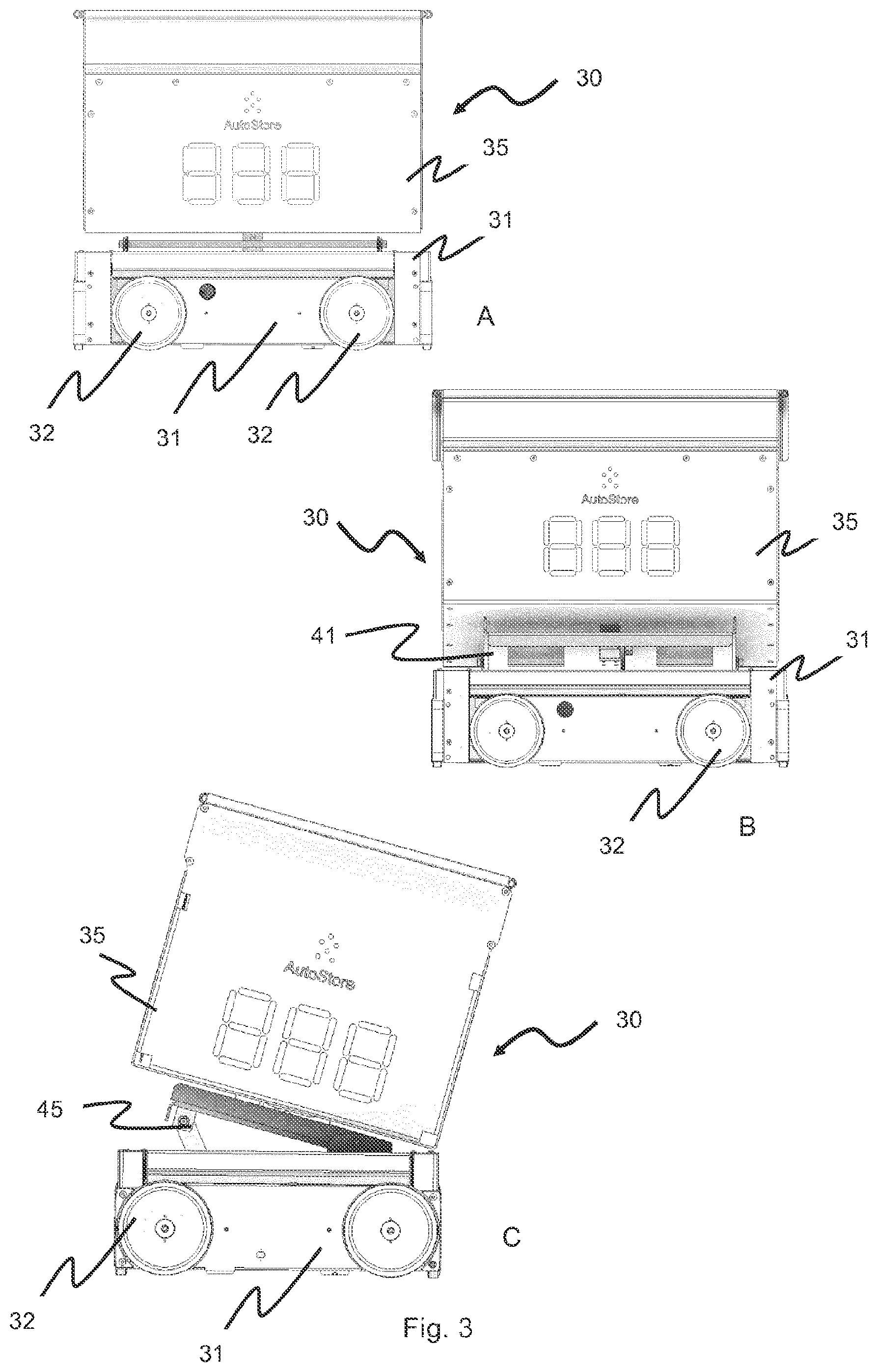 Patent US12377886 Figure 4 – Delivery vehicle, an automated storage and retrieval system and a method of transporting storage containers between an automated storage and retrieval grid and a second location