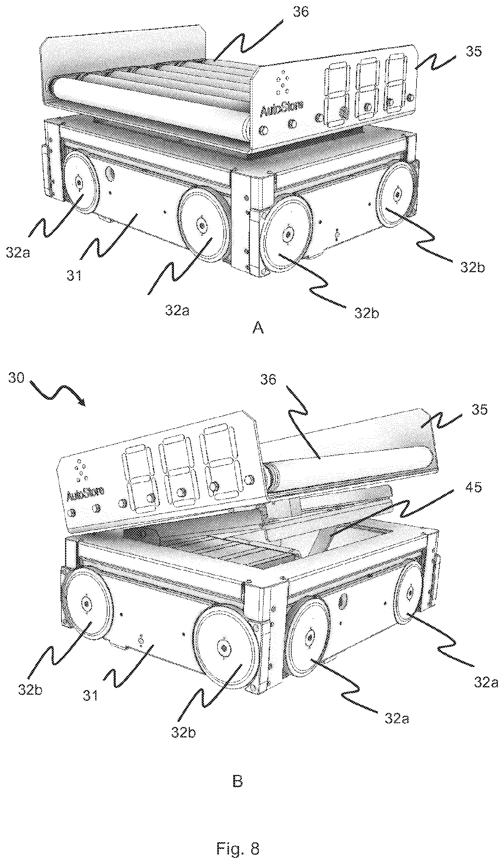 Patent US12377886 Figure 9 – Delivery vehicle, an automated storage and retrieval system and a method of transporting storage containers between an automated storage and retrieval grid and a second location
