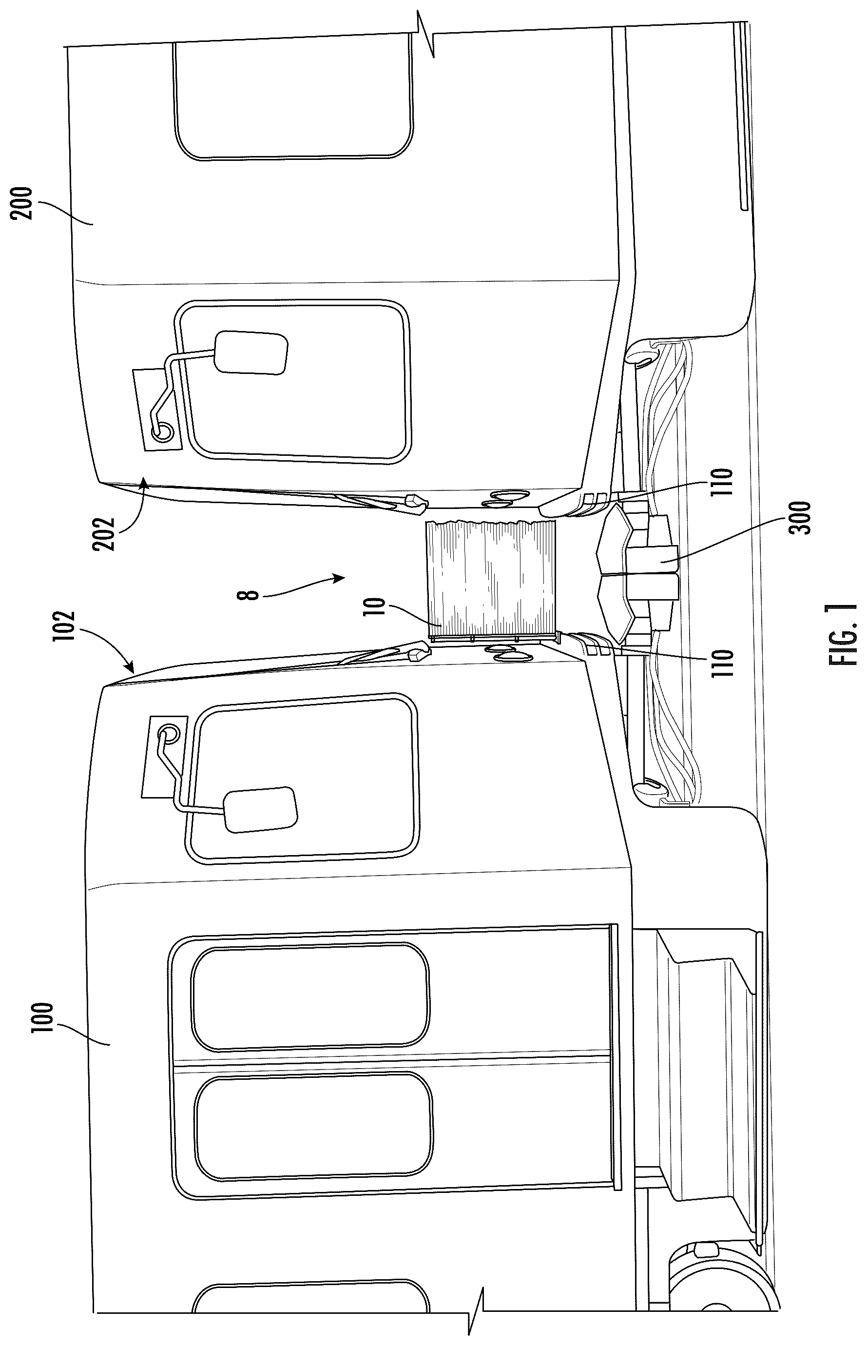 Patent US12377890 Figure 1 – Safety barrier between coupled cars of a transportation vehicle
