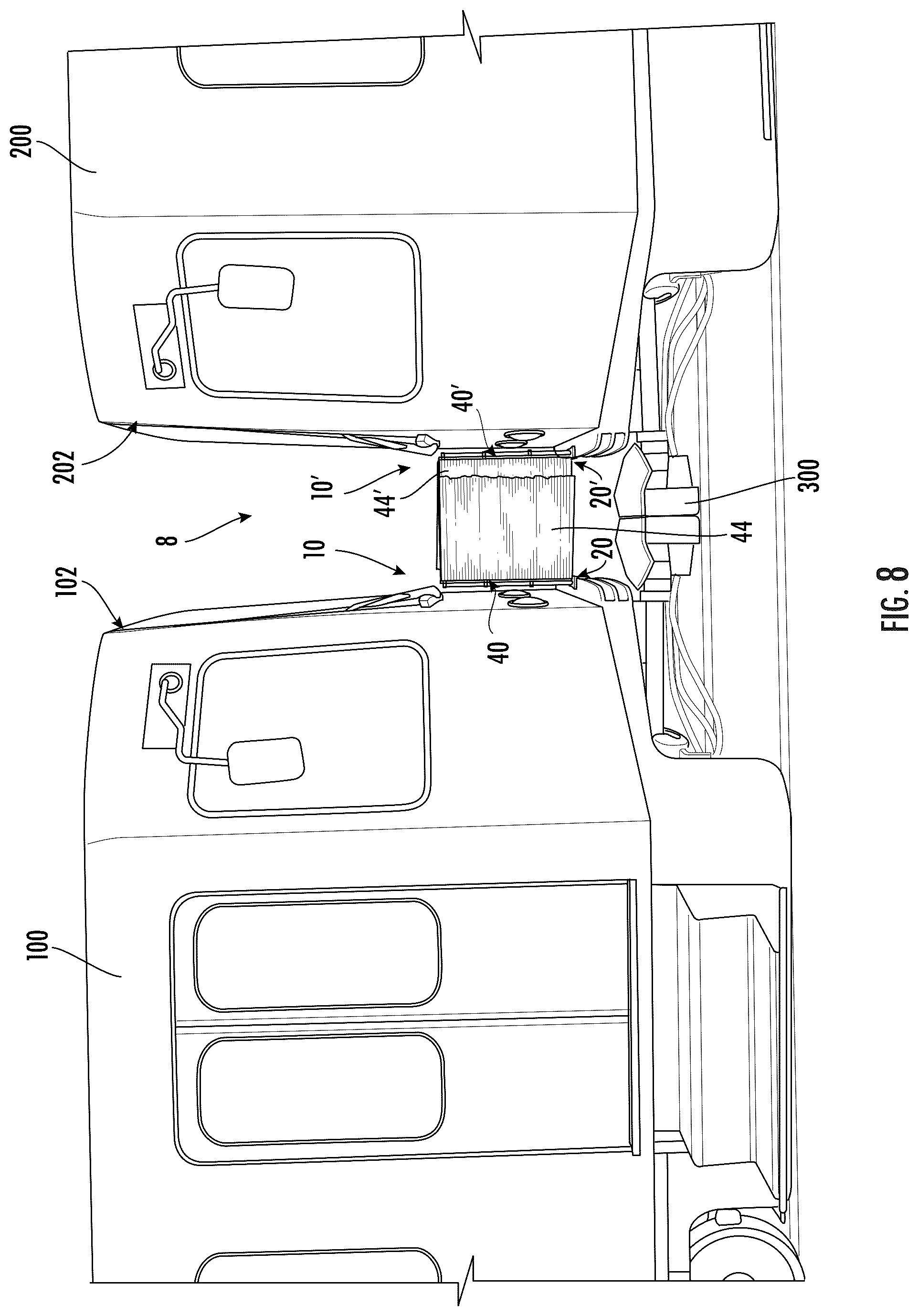 Patent US12377890 Figure 8 – Safety barrier between coupled cars of a transportation vehicle