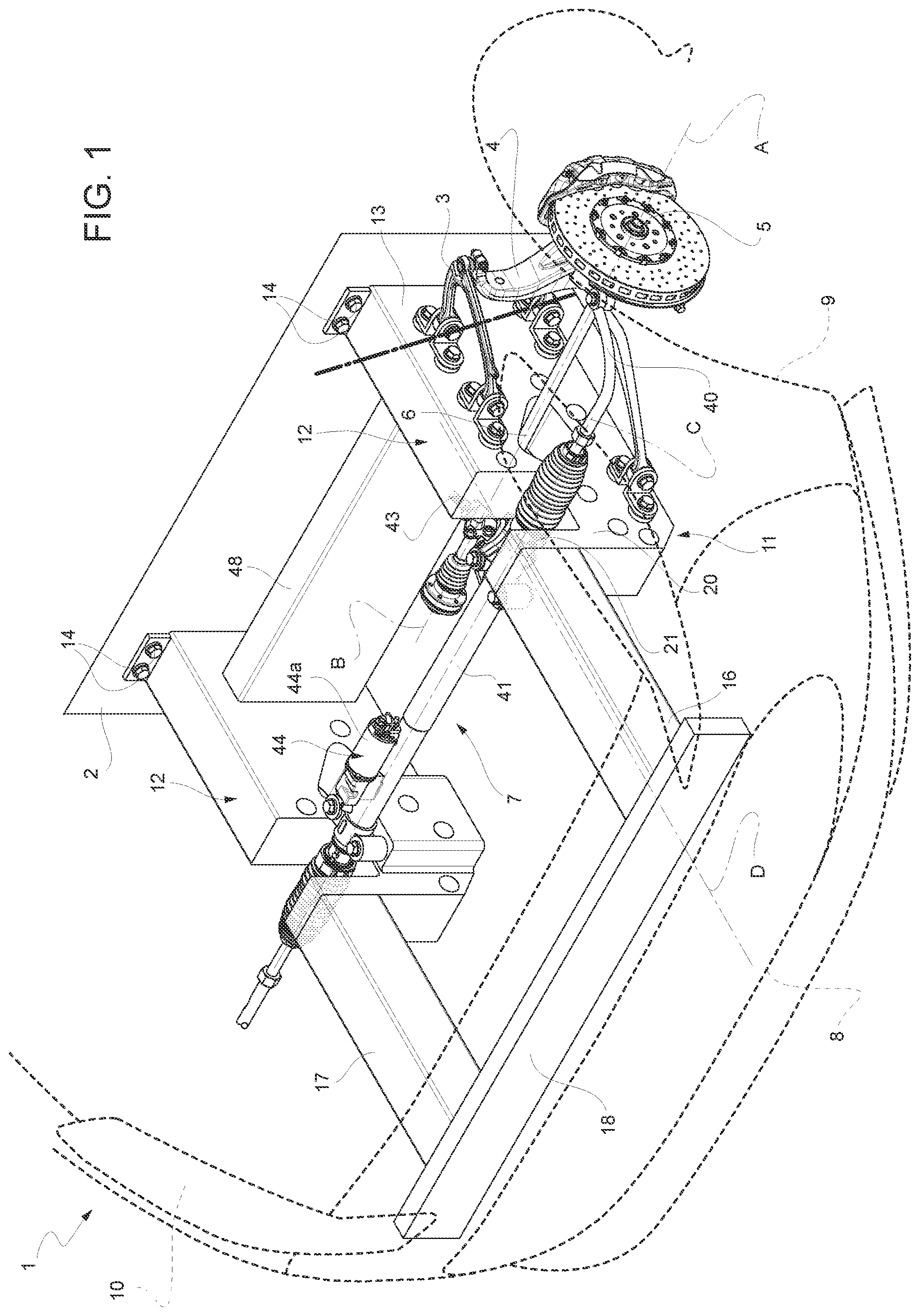 Patent US12377916 Figure 1 – Front frame assembly with suspension attachment structure for a motor vehicle