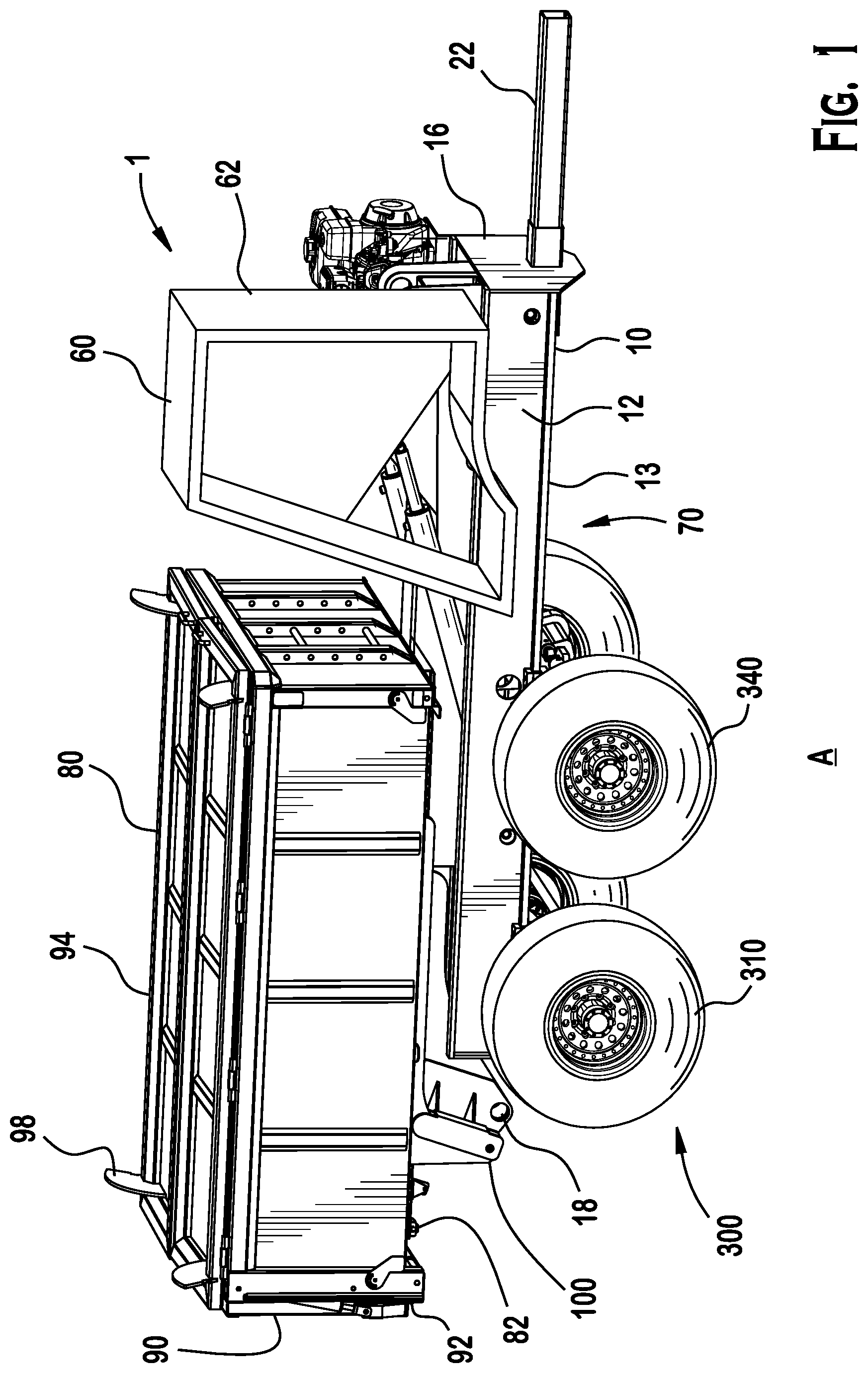 Patent US12377922 Figure 1 – Self-propelled tandem axle trailer