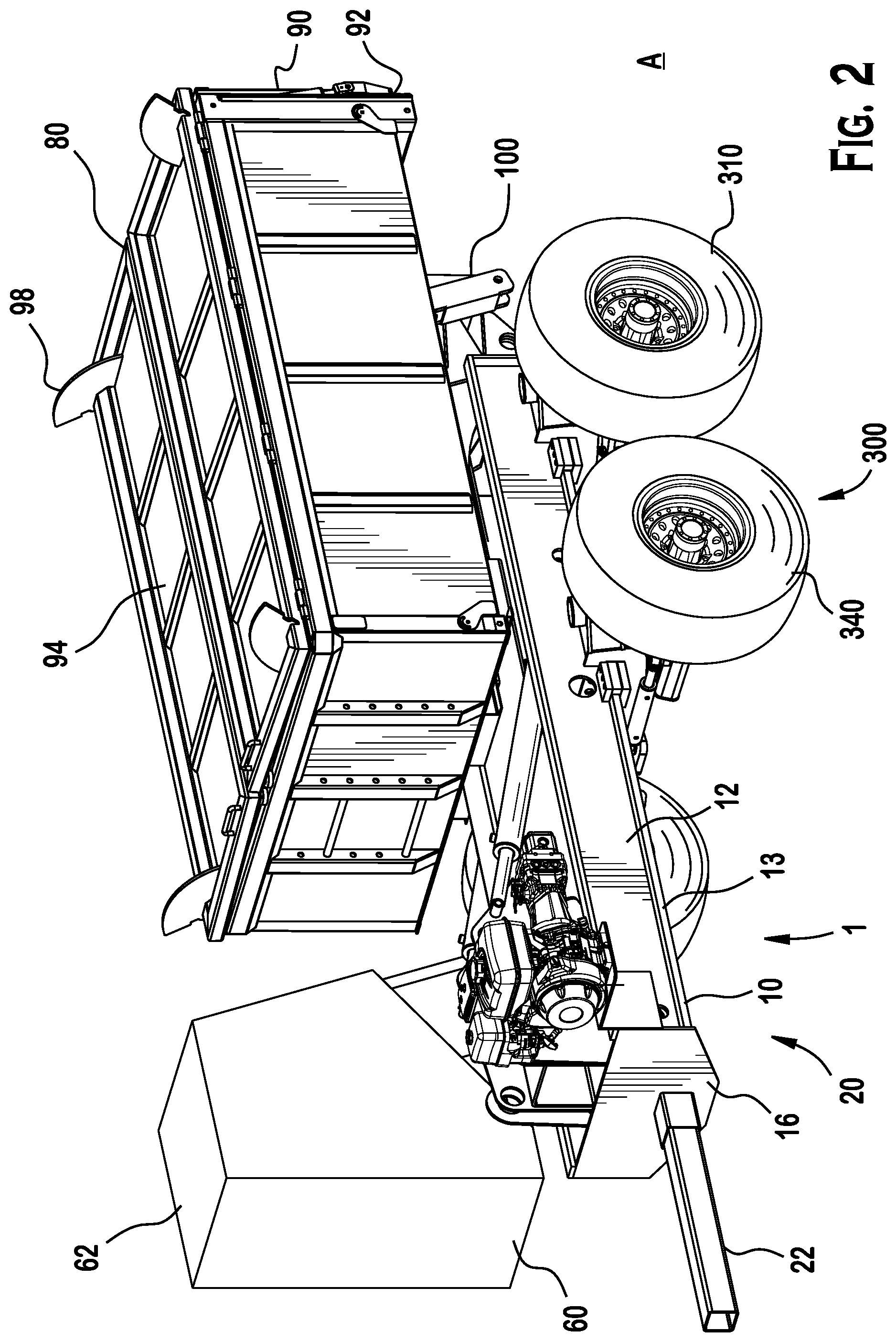 Patent US12377922 Figure 2 – Self-propelled tandem axle trailer