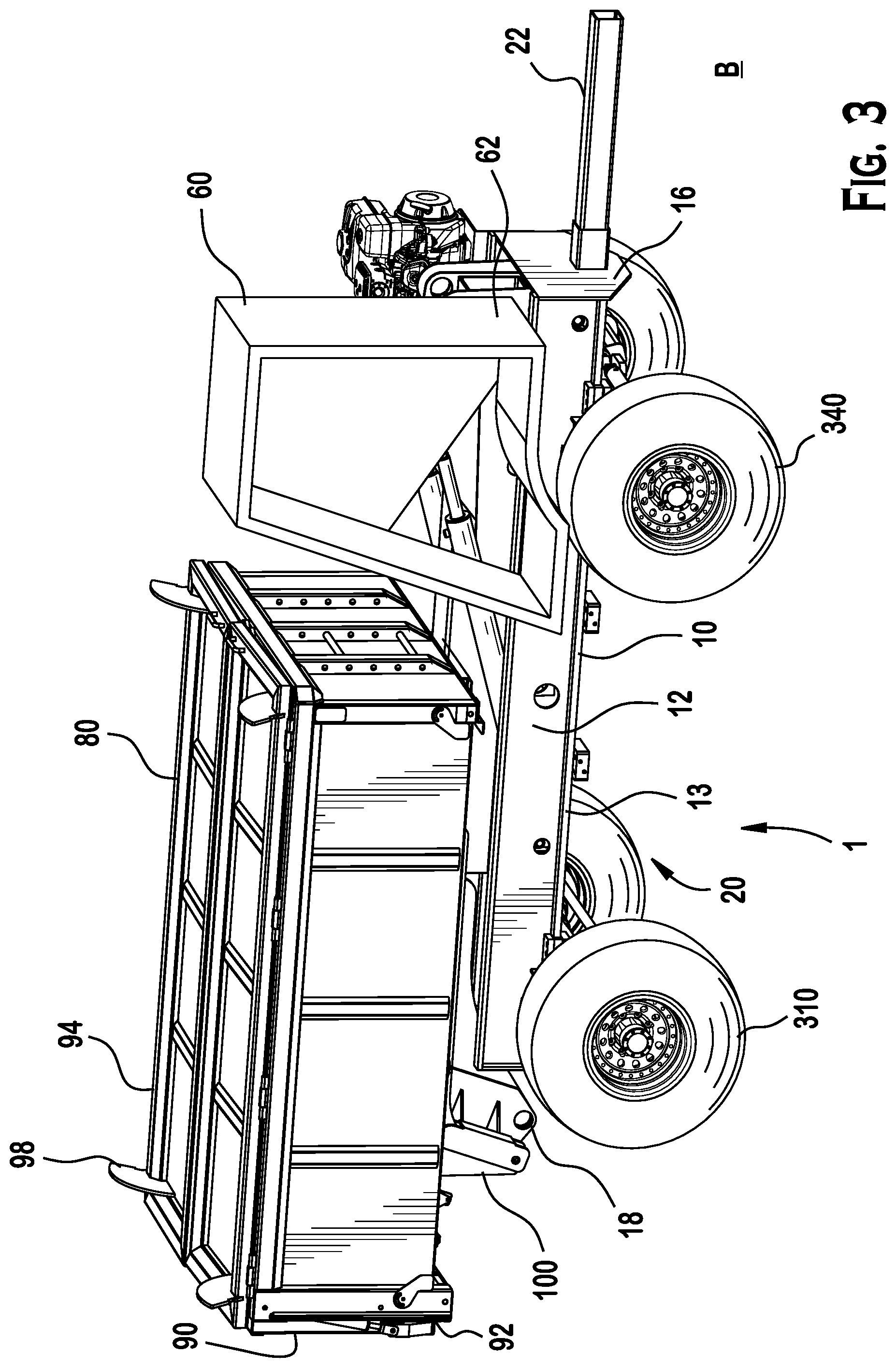 Patent US12377922 Figure 3 – Self-propelled tandem axle trailer