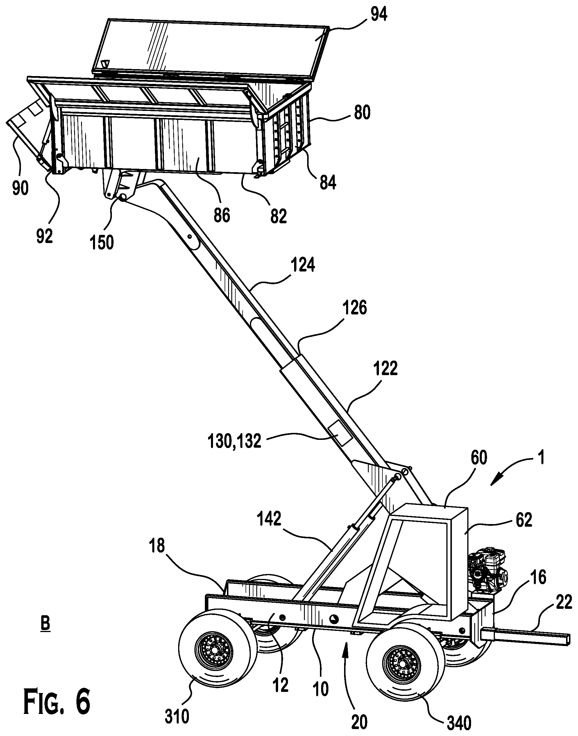 Patent US12377922 Figure 6 – Self-propelled tandem axle trailer